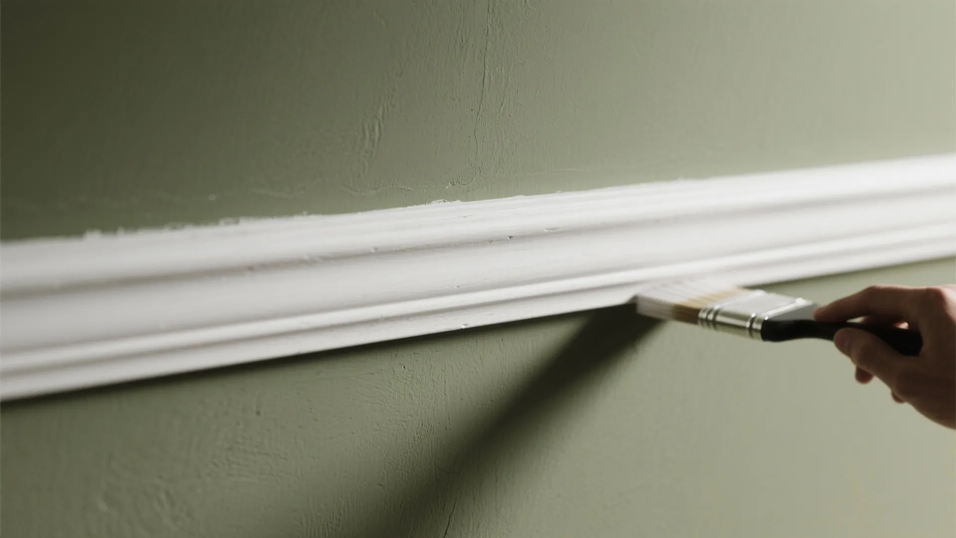 Close-up of a matte olive accent wall with crisp white trim and visible paint texture.