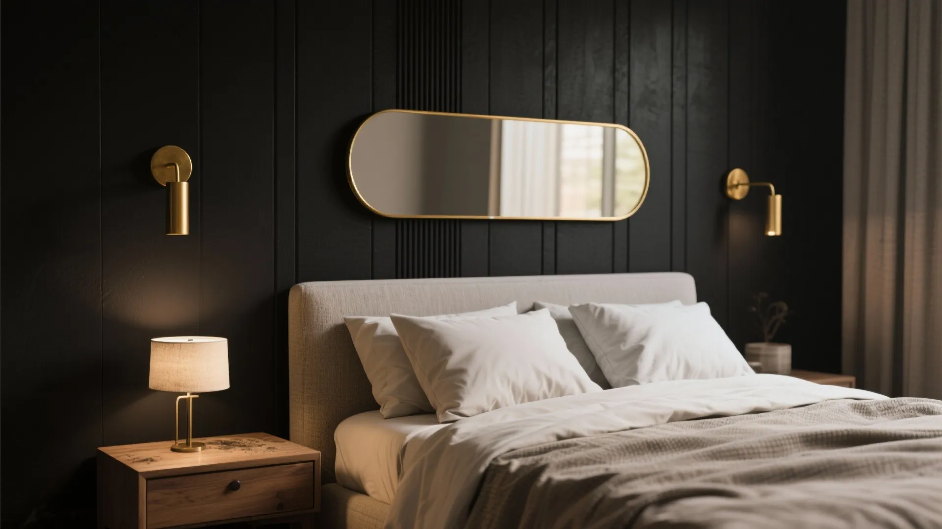 1. Matte black accent wall with warm metallics