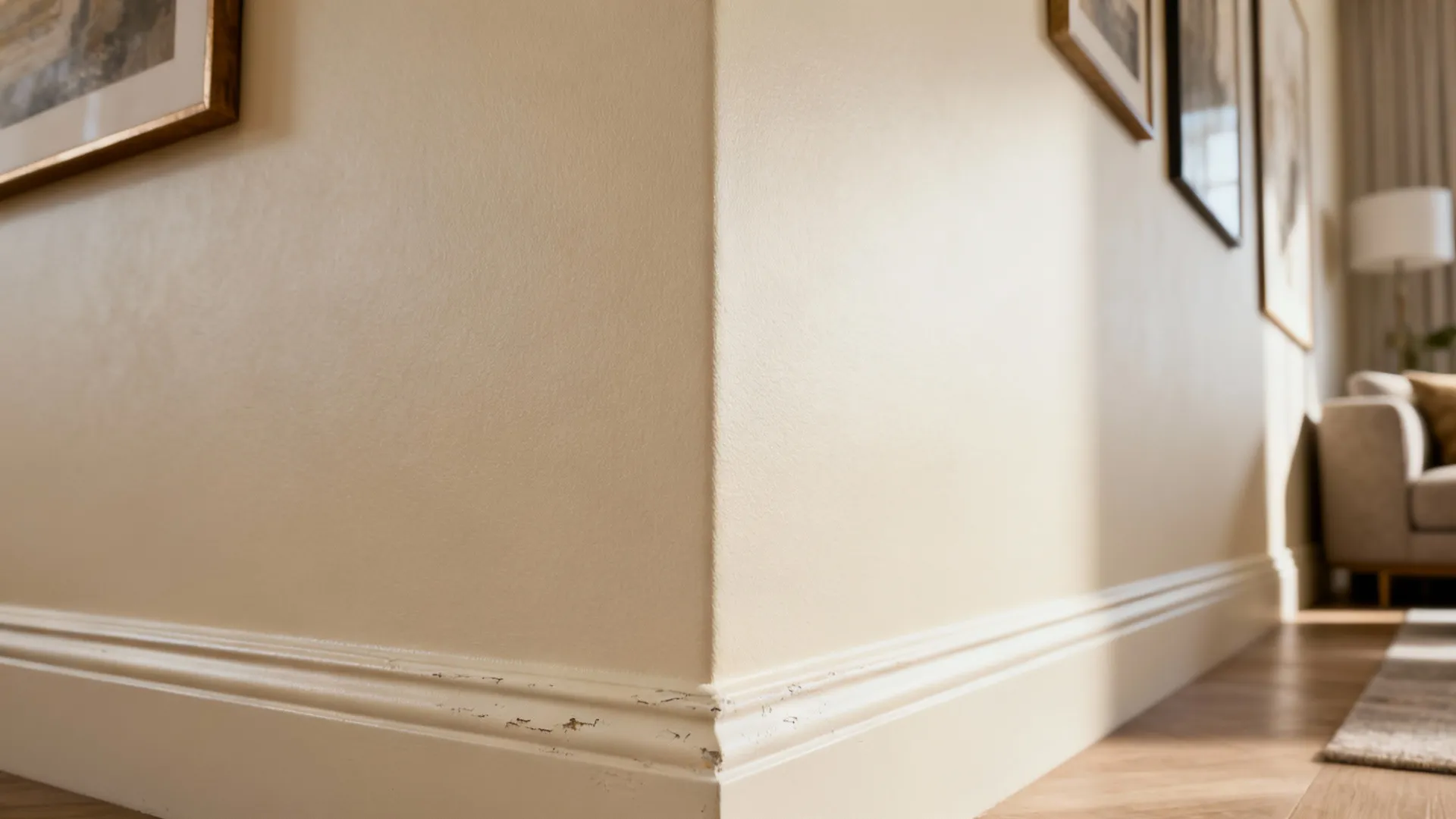Close-up of a matte painted wall with soft, low-reflective finish in a cozy living room