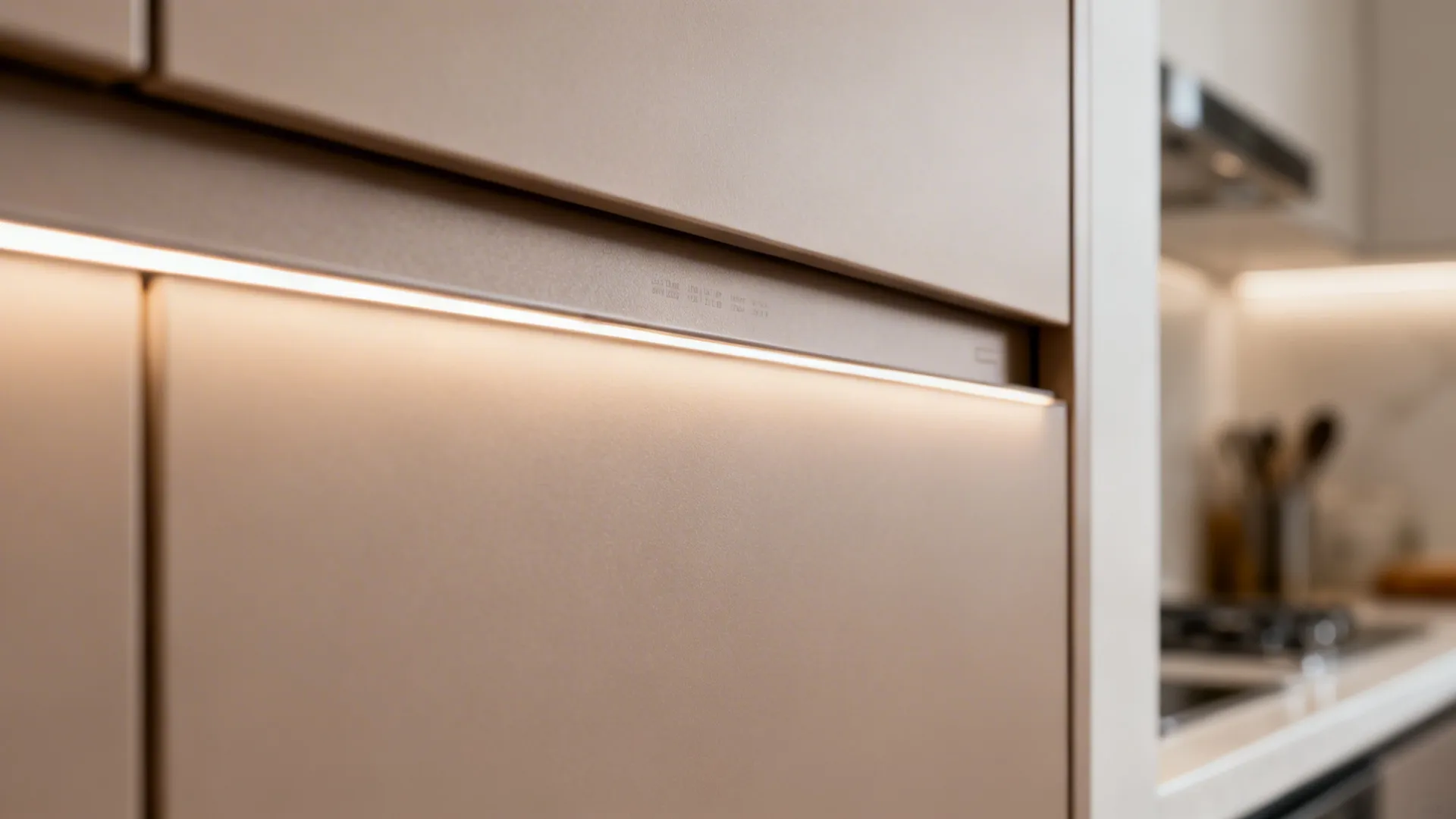 Close-up of matte acrylic cabinet door showing velvety finish and seamless edge banding.