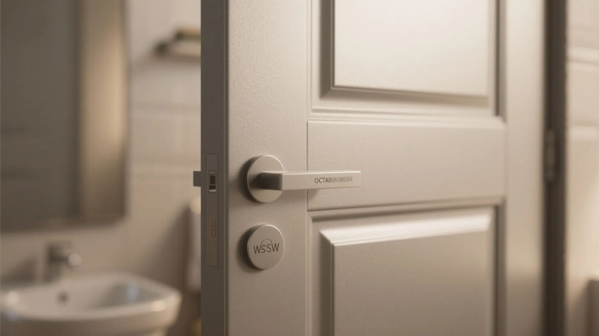 Close up of a grey door with metal handle in a modern cream bathroom setting