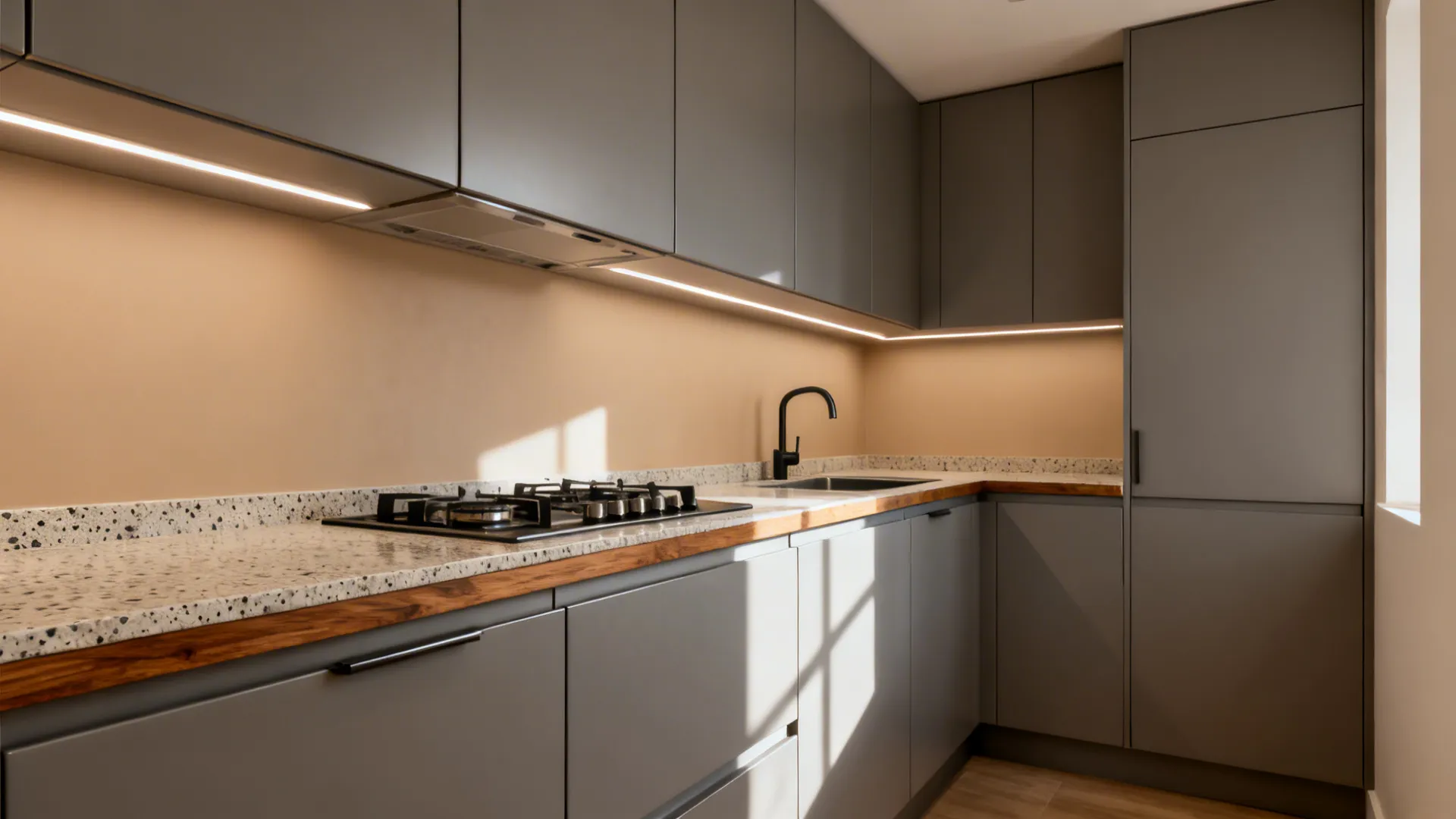 Dark grey kitchen cabinets with stone counter top and black faucet under warm light fixture