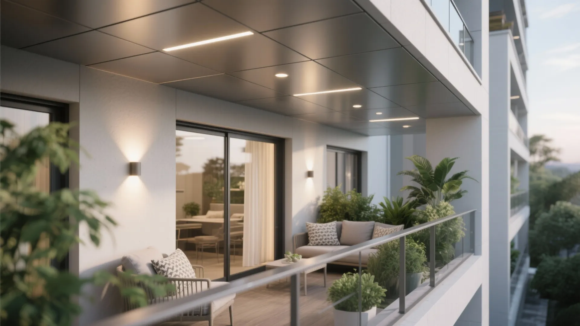 Modern balcony design with grey ceiling light fixtures comfortable sofa seating and outdoor metal glass railing