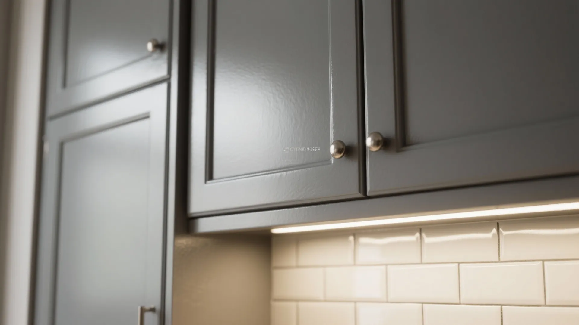 Close-up of matte grey cabinet next to glossy white subway tile backsplash with visible grout lines.
