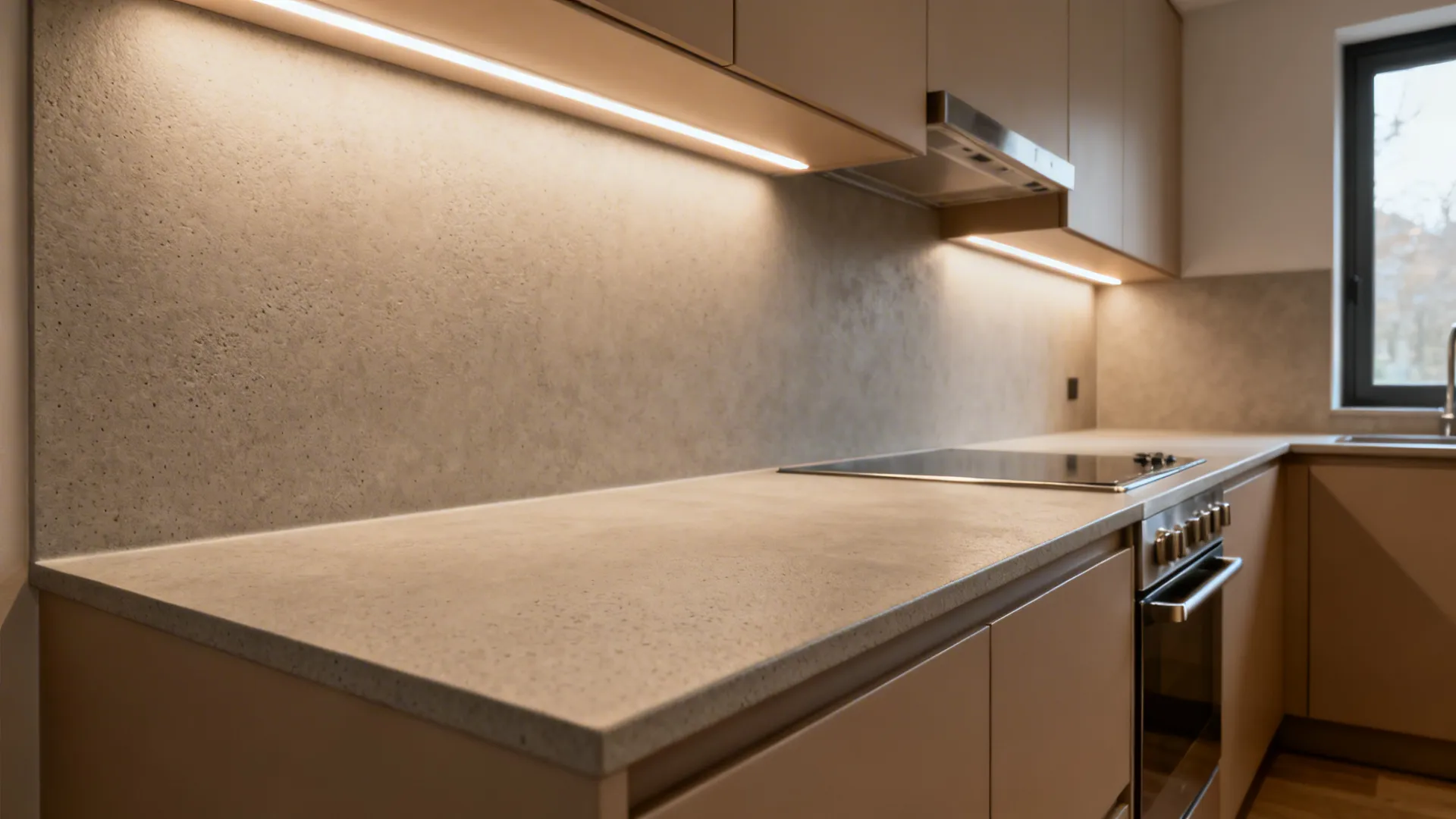 Compact kitchen with matte porcelain slabs and soft LED task lighting that reduces glare.