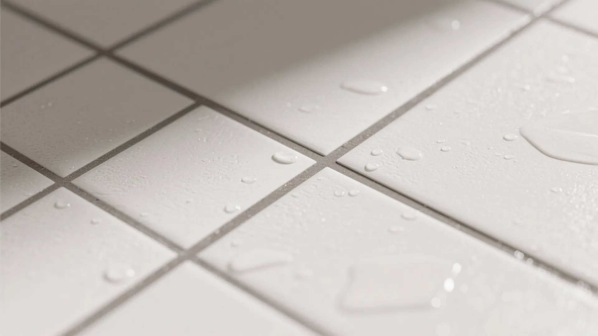Close up of white square floor tiles with water droplets and grey grout in bathroom
