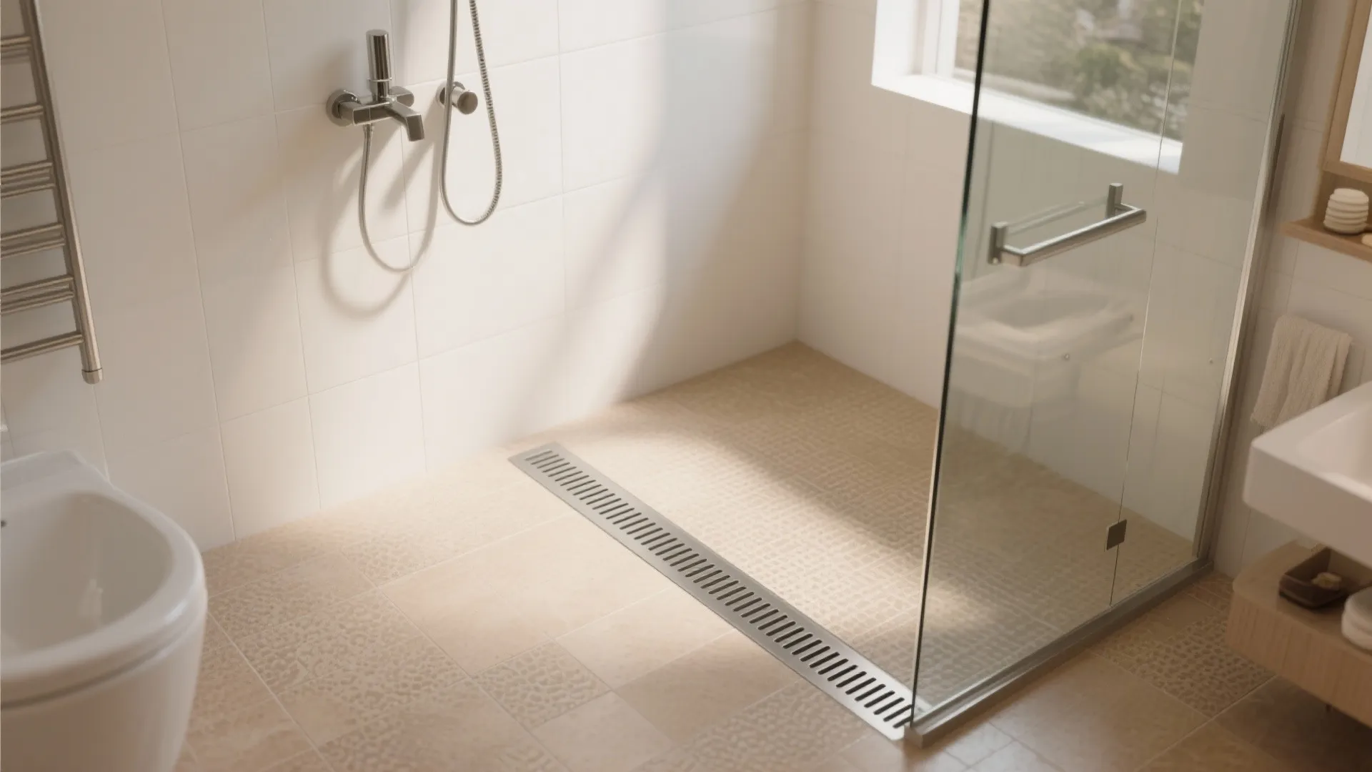 Modern bathroom shower area featuring beige non slip floor tiles white wall tiles and metal drain