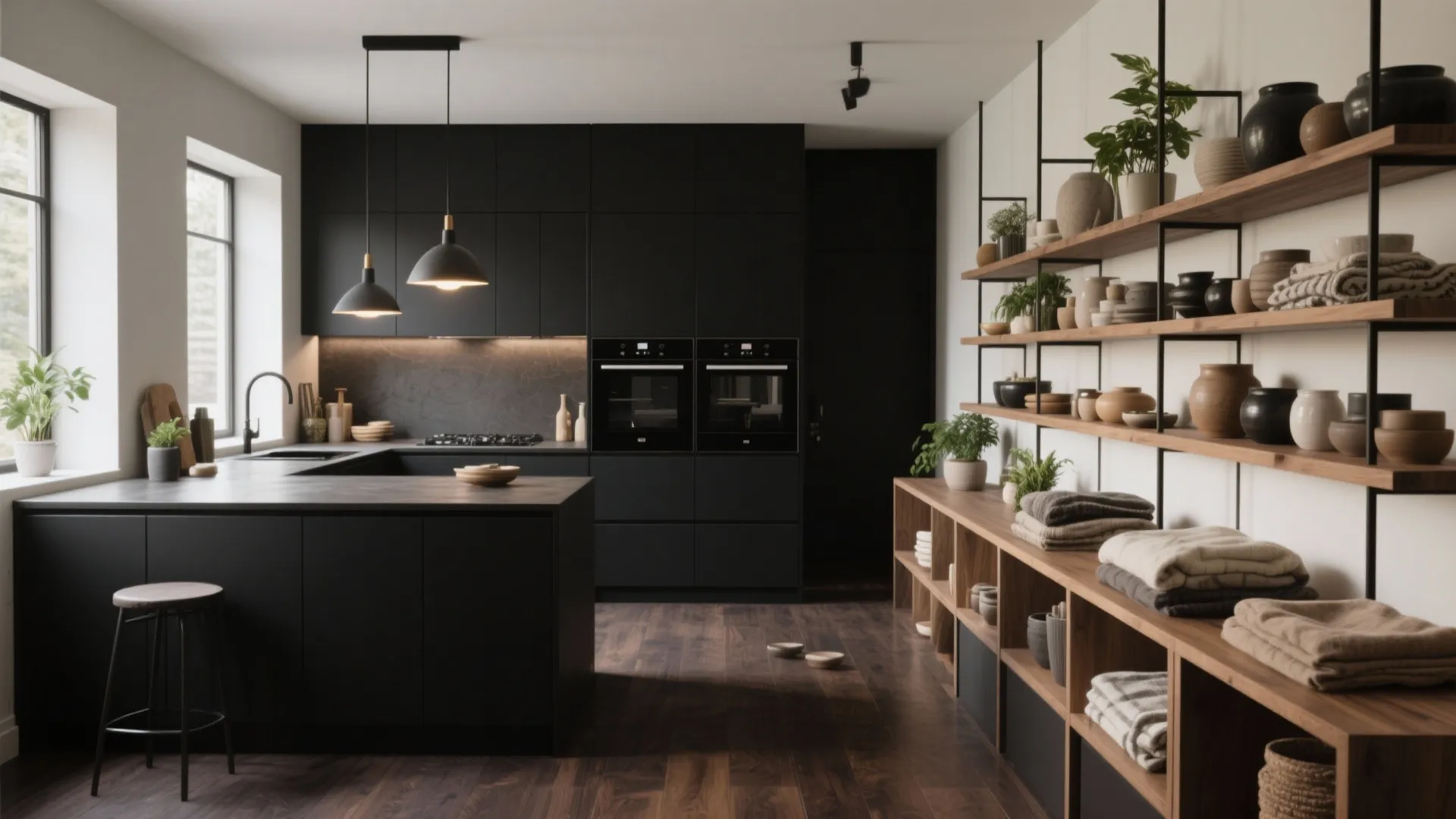 Modern black kitchen featuring minimalist cabinets dark wood floor and wooden shelves with various ceramic pots
