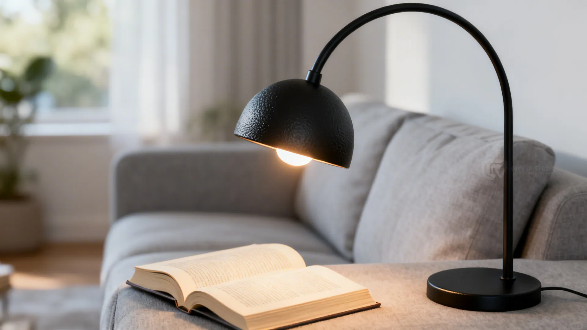 Matte black arc floor lamp over a sofa reading nook with warm light and textured finishes