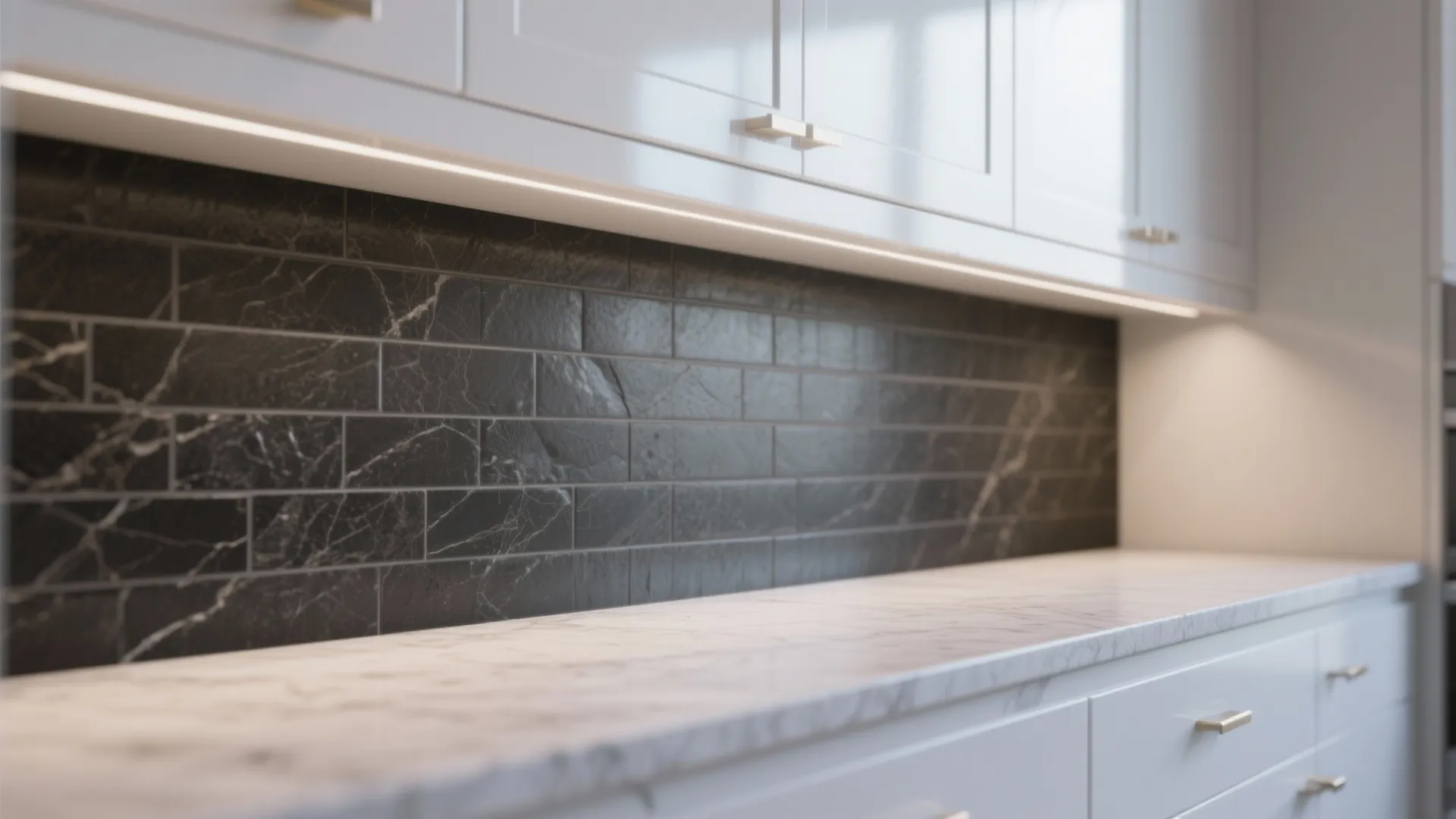 Close-up of glossy cabinet edge with matte charcoal tile backsplash and honed stone countertop