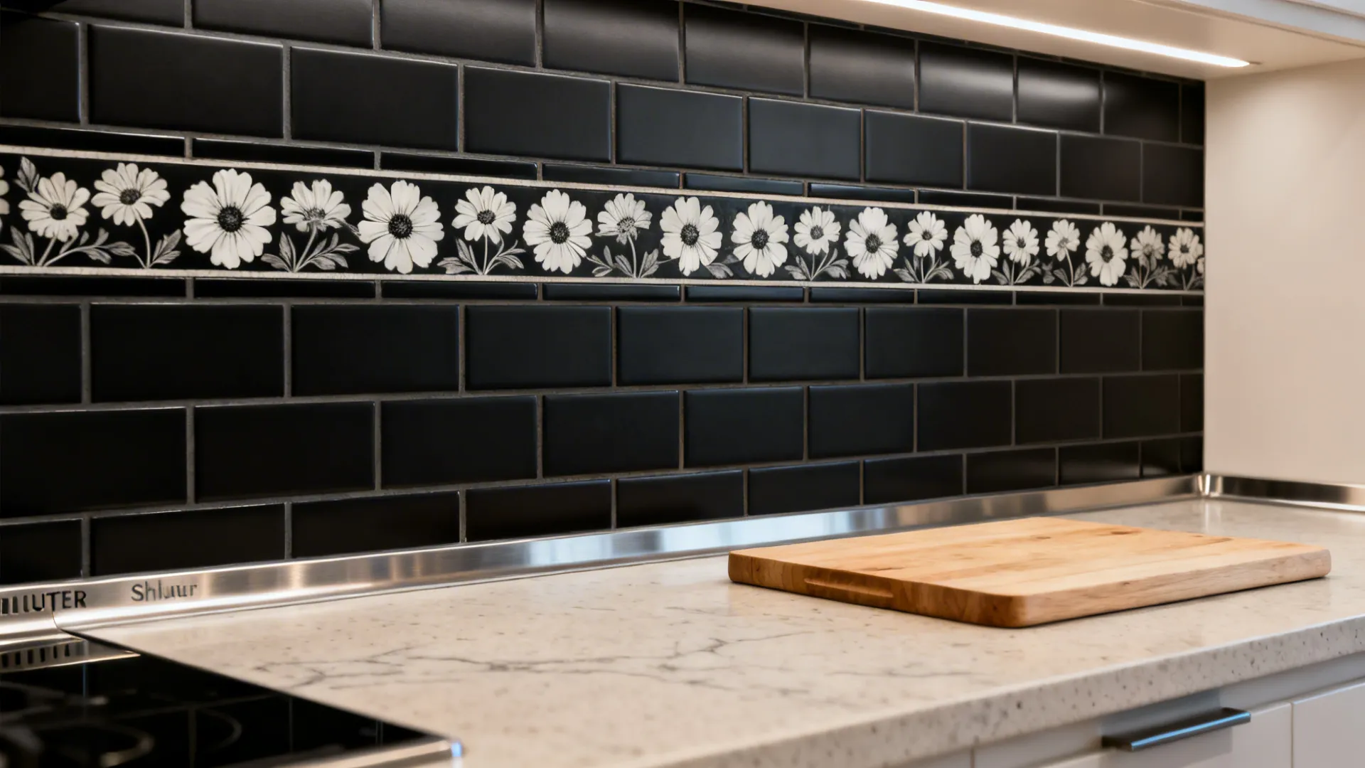Floral Accent Band on Matte Black Subway Tiles