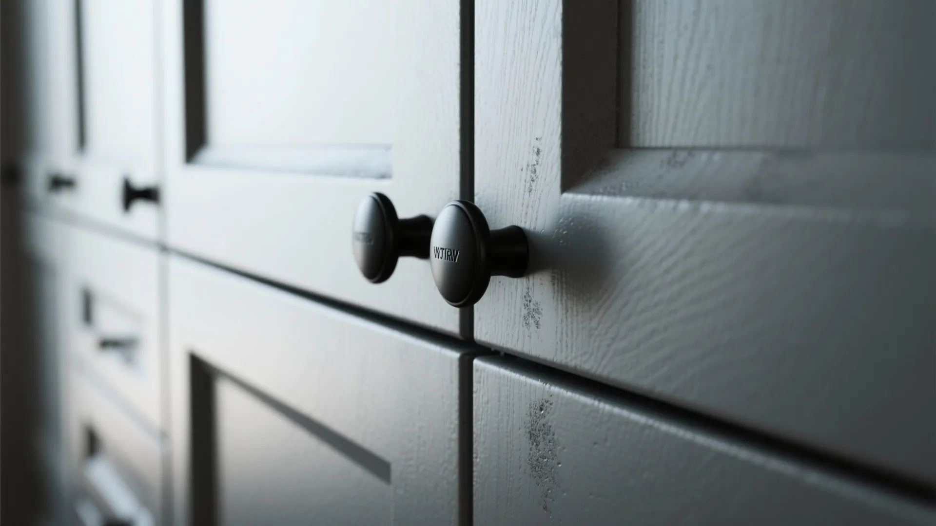 Close-up of matte black bar pulls on cabinets showing textured finish and subtle fingerprints.