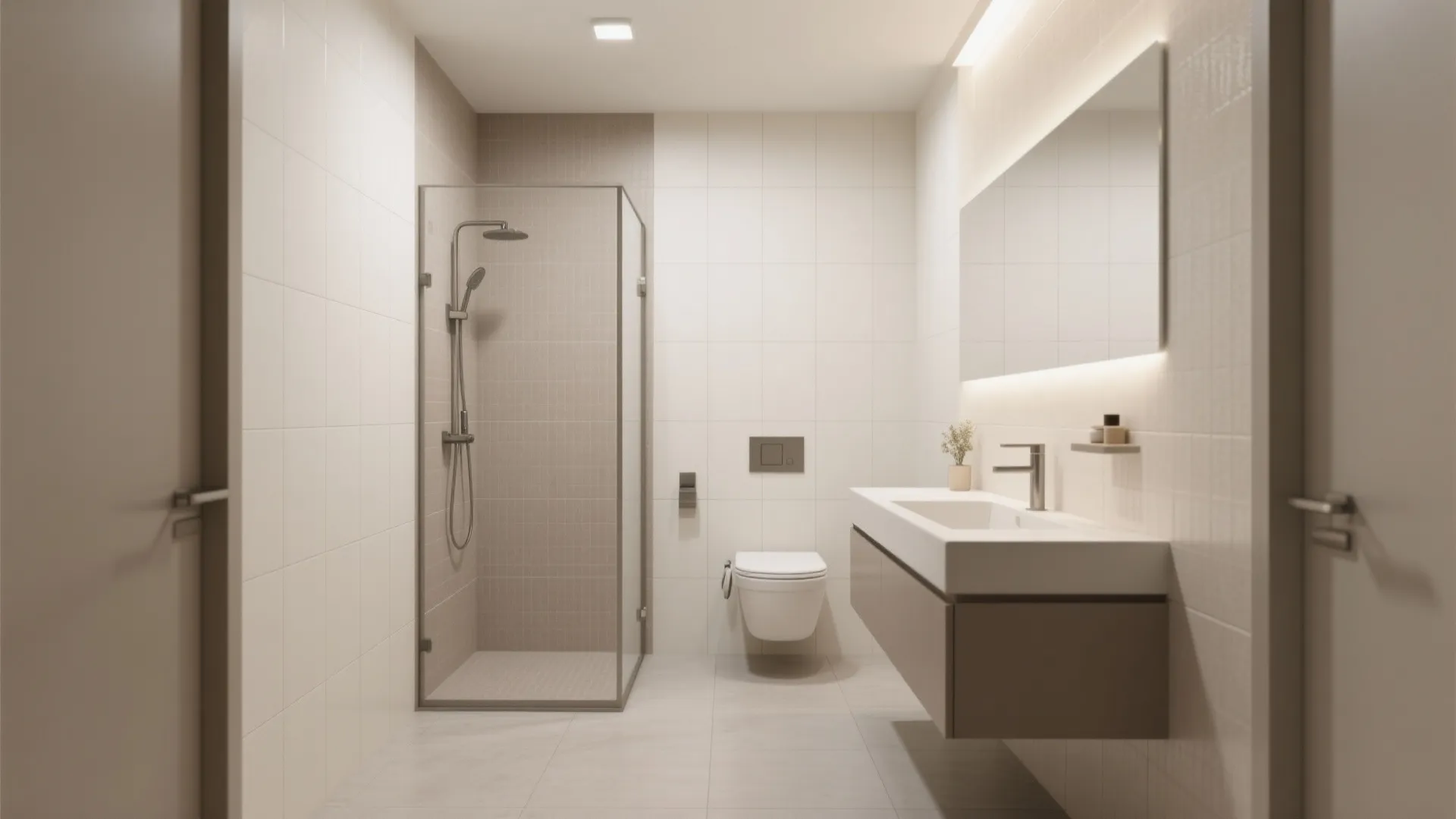 Compact bathroom with tactile matte porcelain wall tiles in off-white and taupe, low-contrast grout, slip-resistant matte floor.