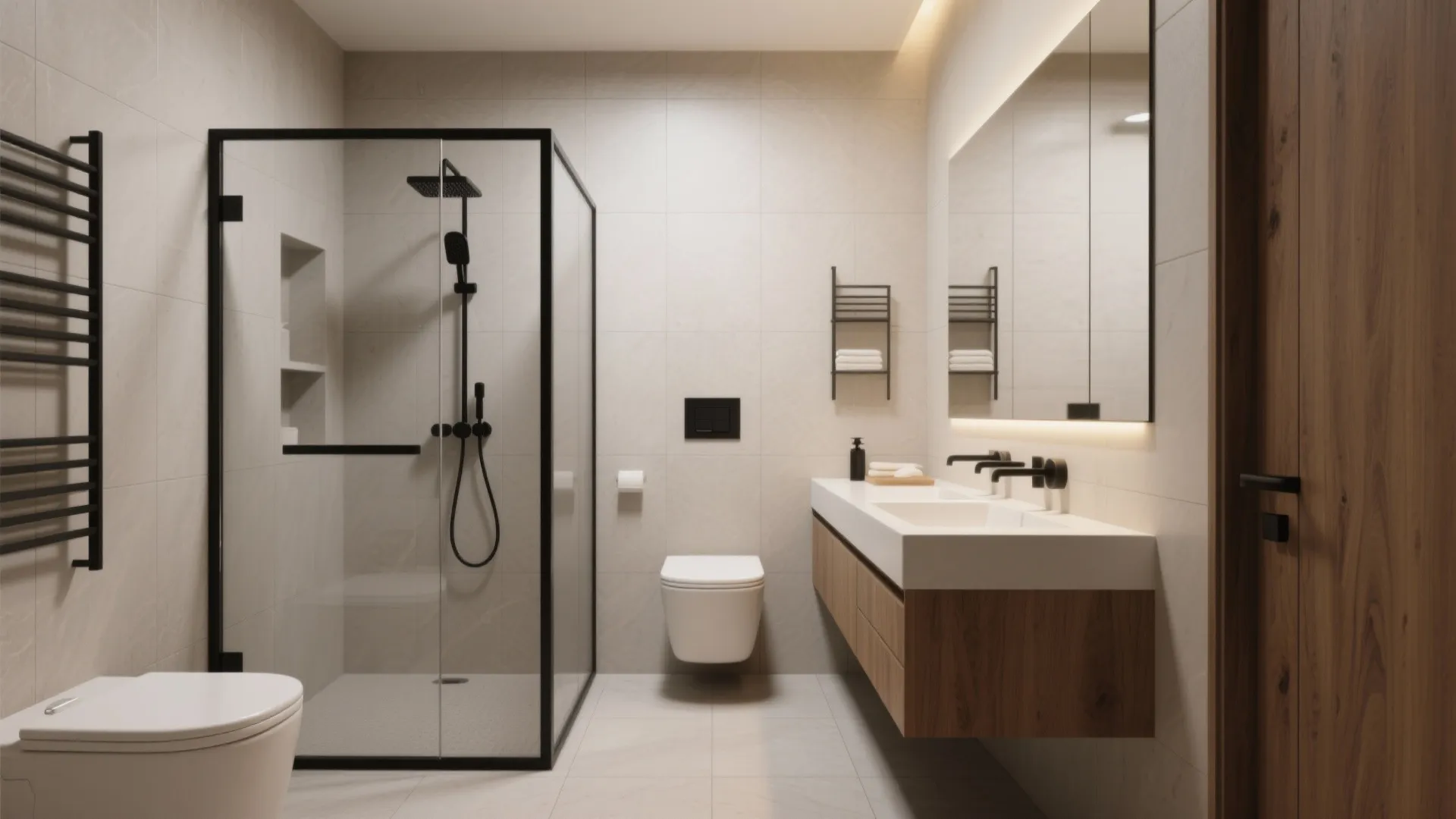 Modern bathroom featuring a glass shower box, wooden cabinet, white sink, large mirror, and toilet