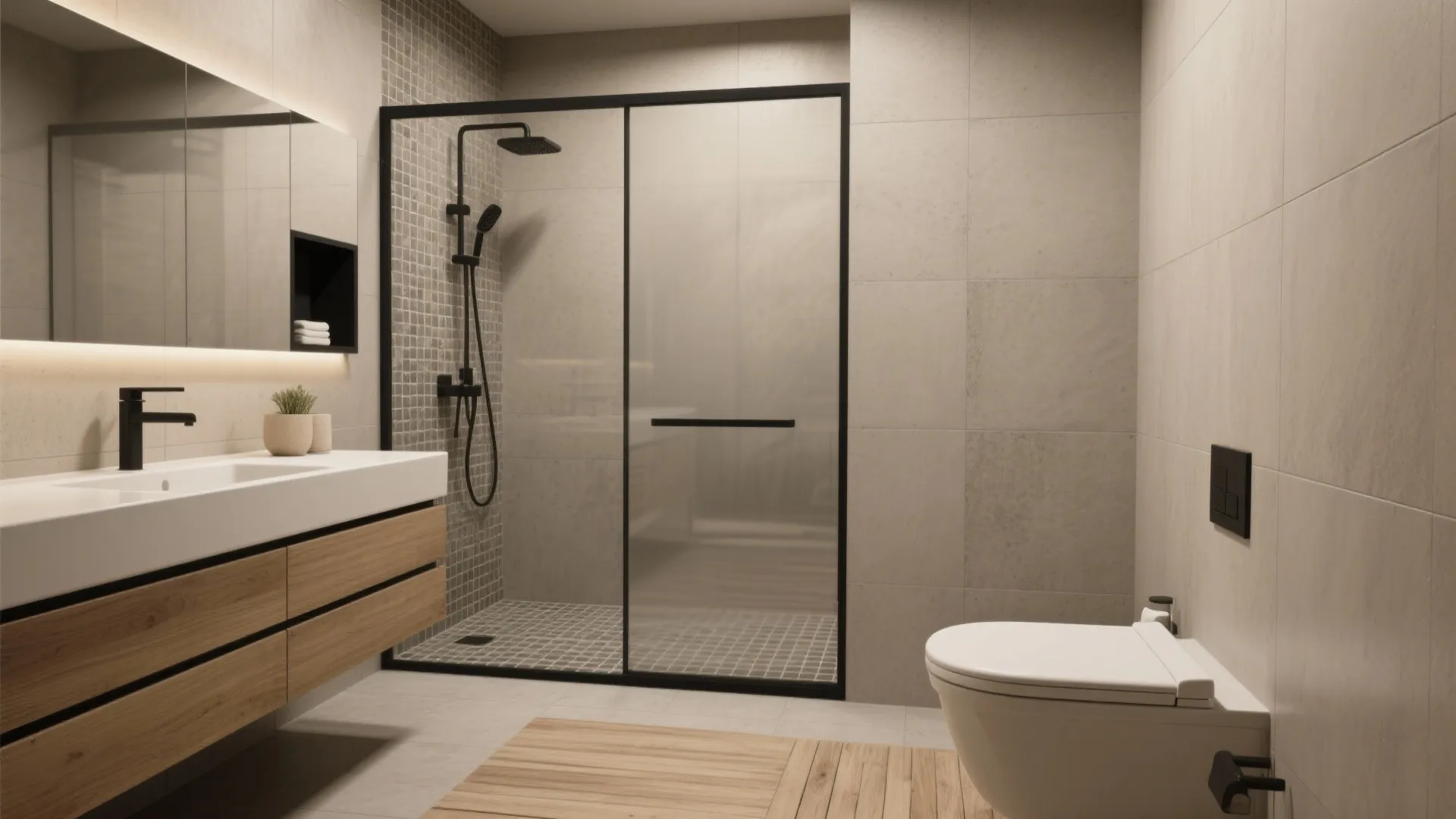 Modern bathroom featuring a glass shower door wooden cabinet white toilet and grey wall tiles