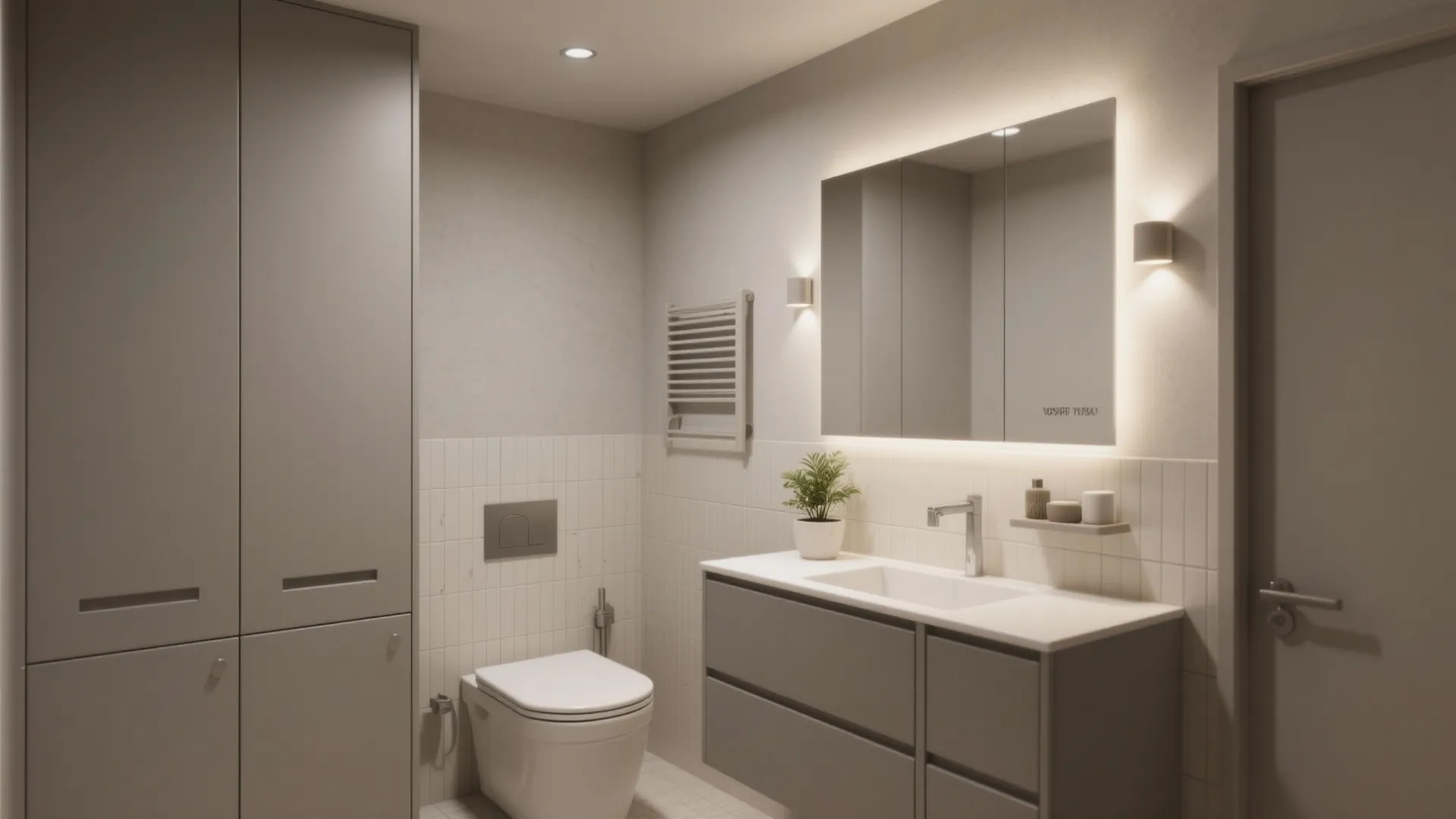 Small spa-like bathroom with matte walls and cabinetry, soft lighting and moisture-resistant finishes.
