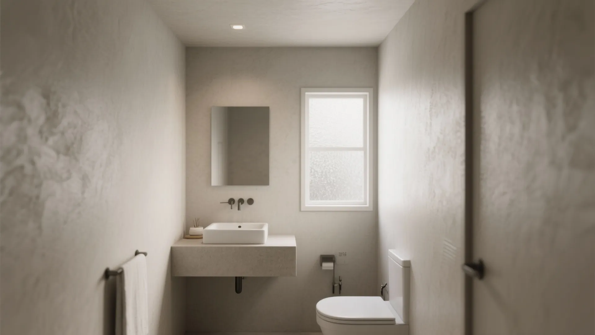 Tiny spa-like bathroom with ultra-matte monochrome walls and ceiling paint creating a calm, continuous look.