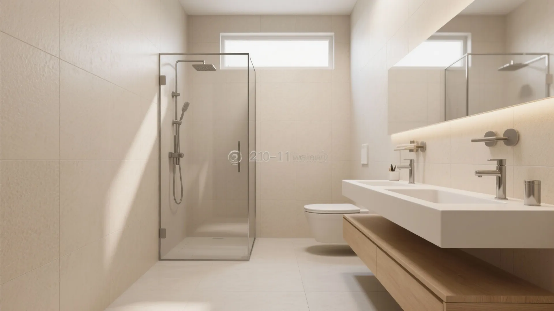 Minimalist small bathroom with large-format matte beige tiles and a floating wood vanity.