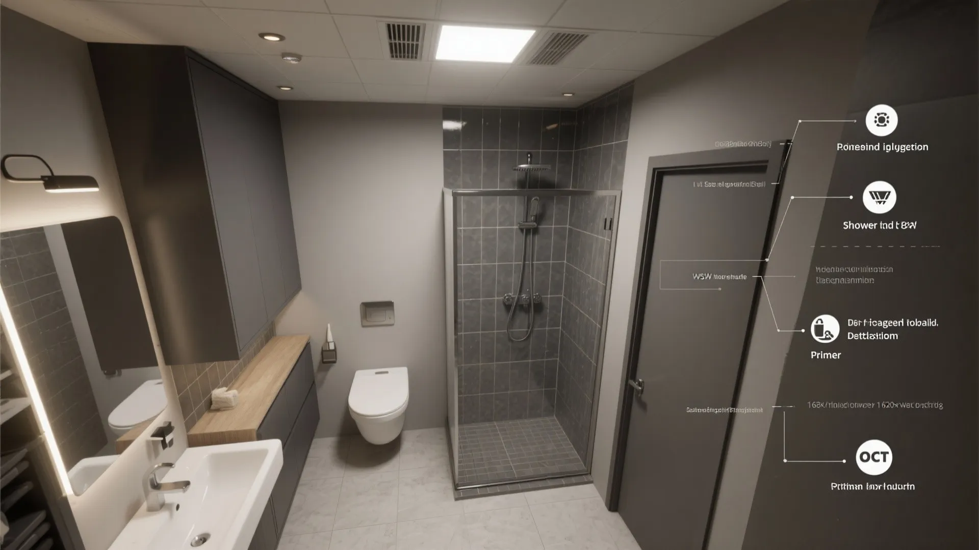 Interior design drawing of a bathroom with glass shower toilet cabinet and labeled feature icons showing