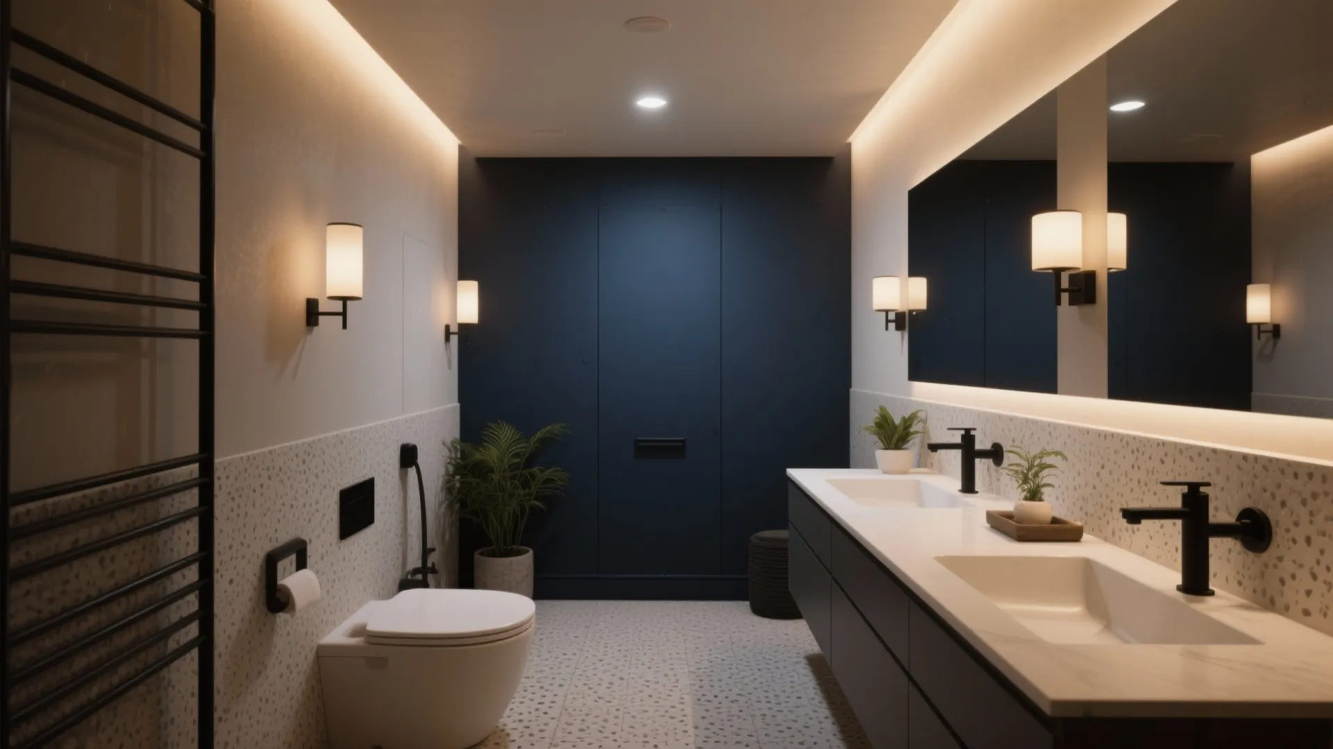 Modern bathroom with double sink vanity and white toilet plus dark blue wall and plants