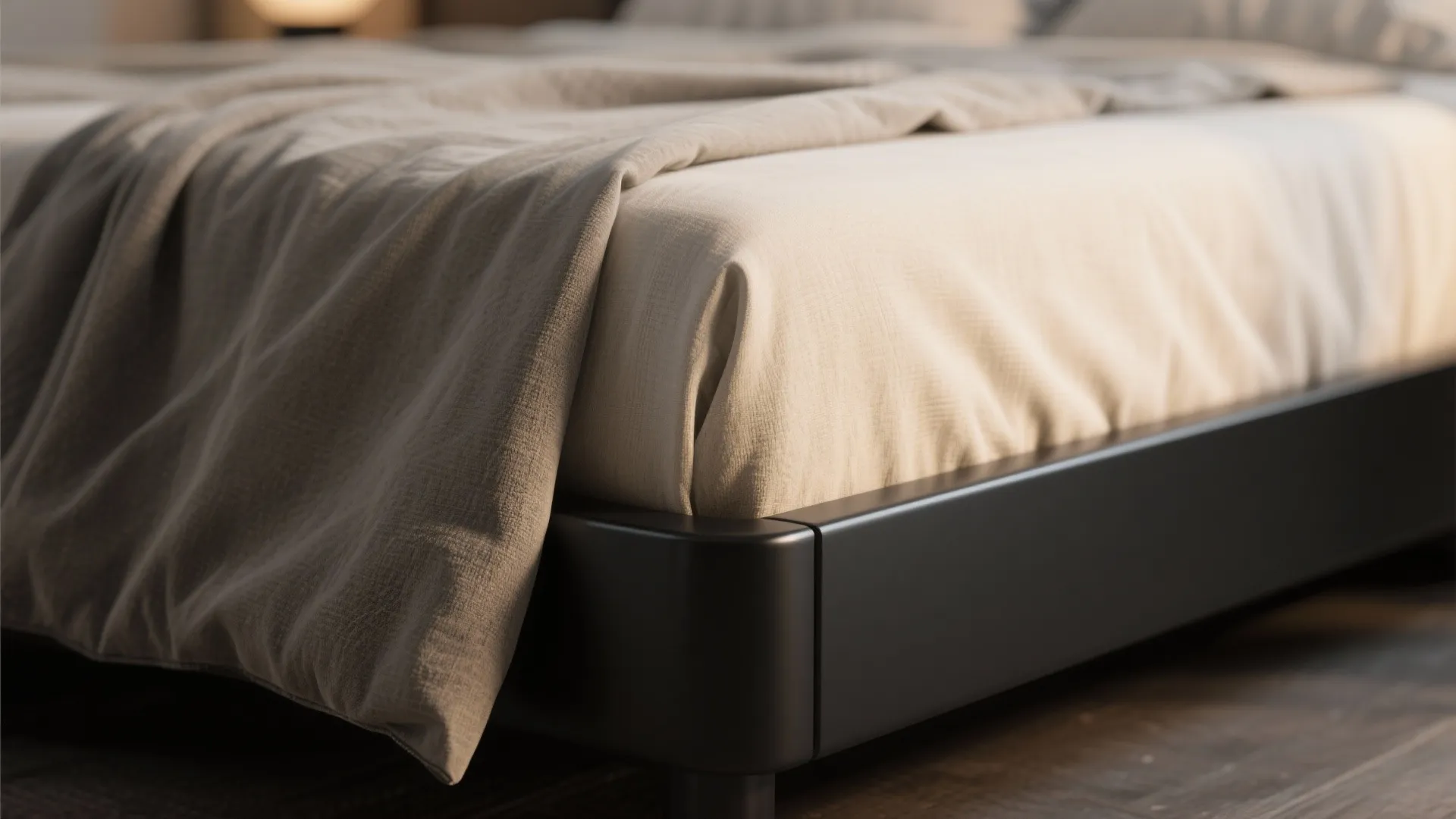 Close up of black bed frame with beige mattress cover and soft grey blanket on top