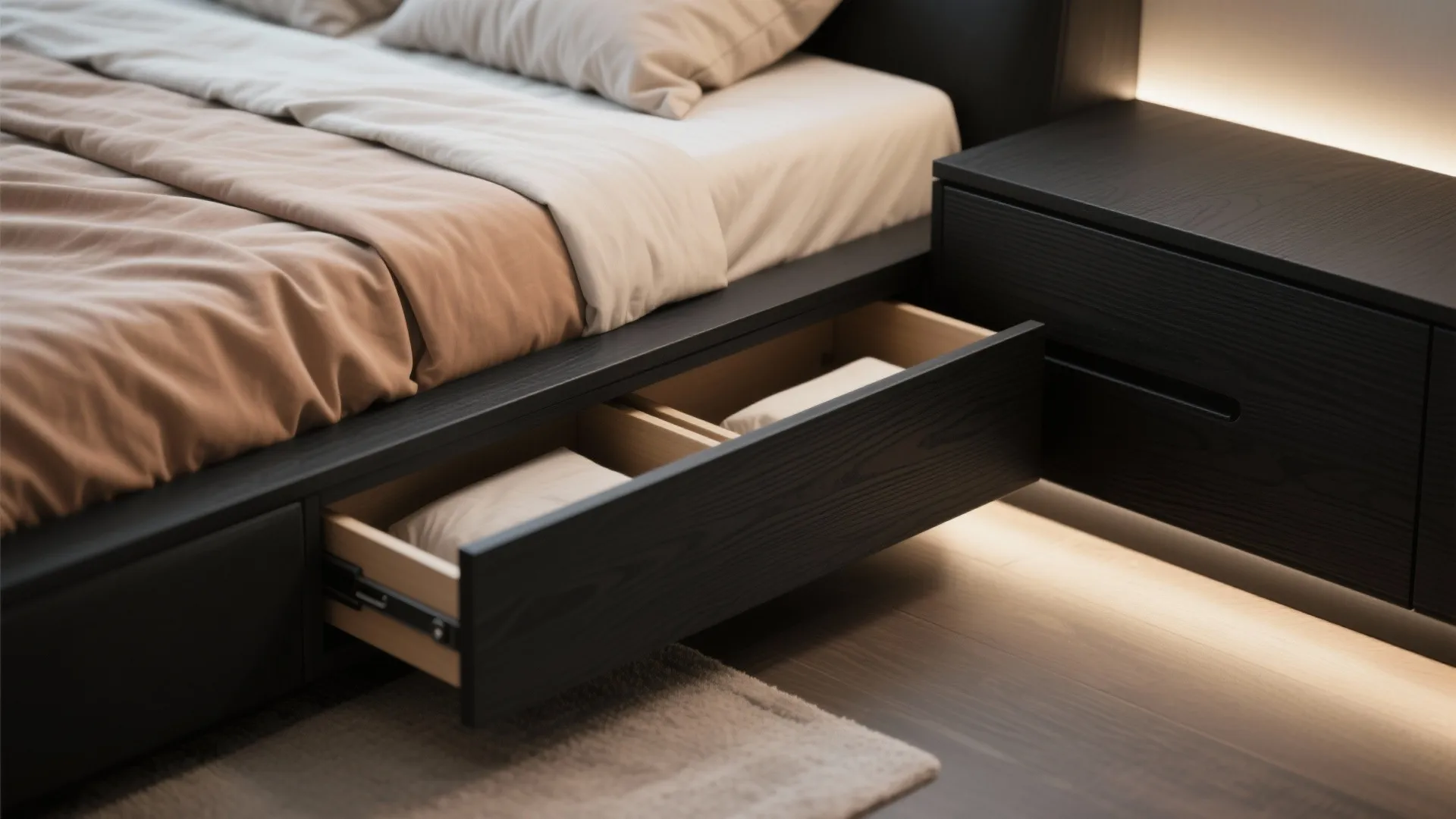 Modern black bed frame showing open storage drawer with folded linens next to a cabinet