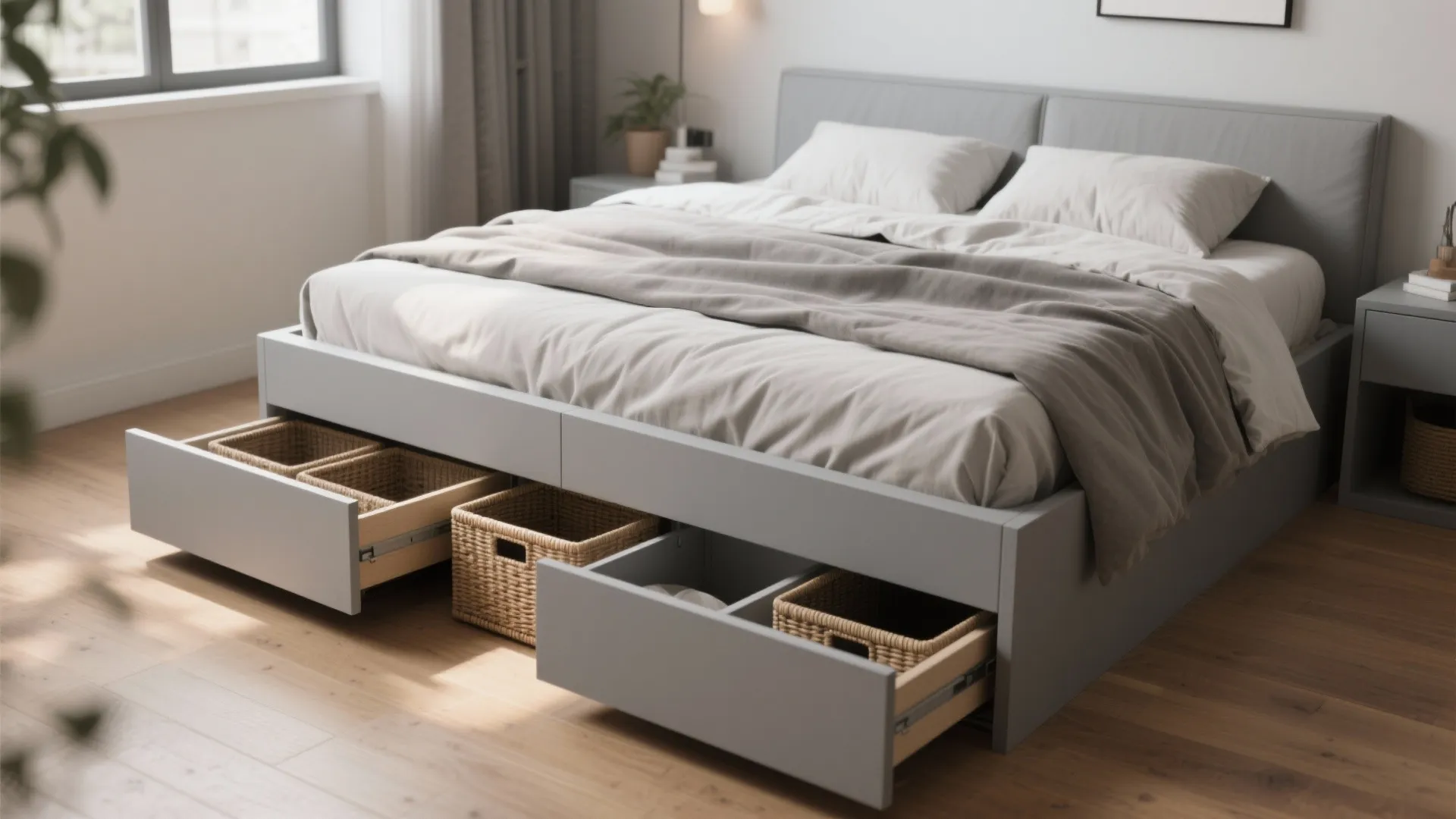 1. Soft matte grey bed frame with under-bed storage