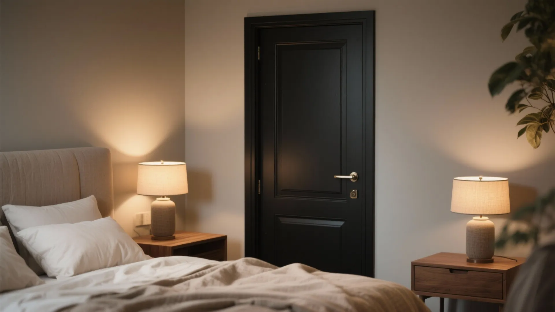 Calm bedroom scene with a soft matte black door, warm linens and layered lamps.