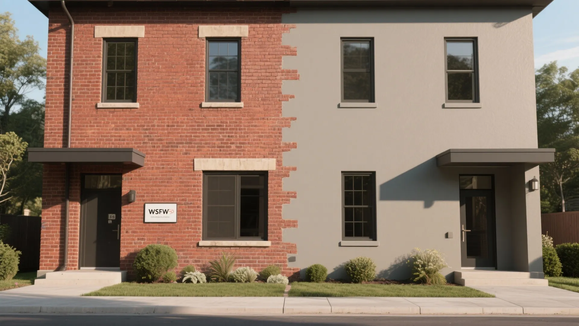 Side-by-side before and after of a brick house showing raw brick and a full-coverage matte painted facade in warm neutral gray.