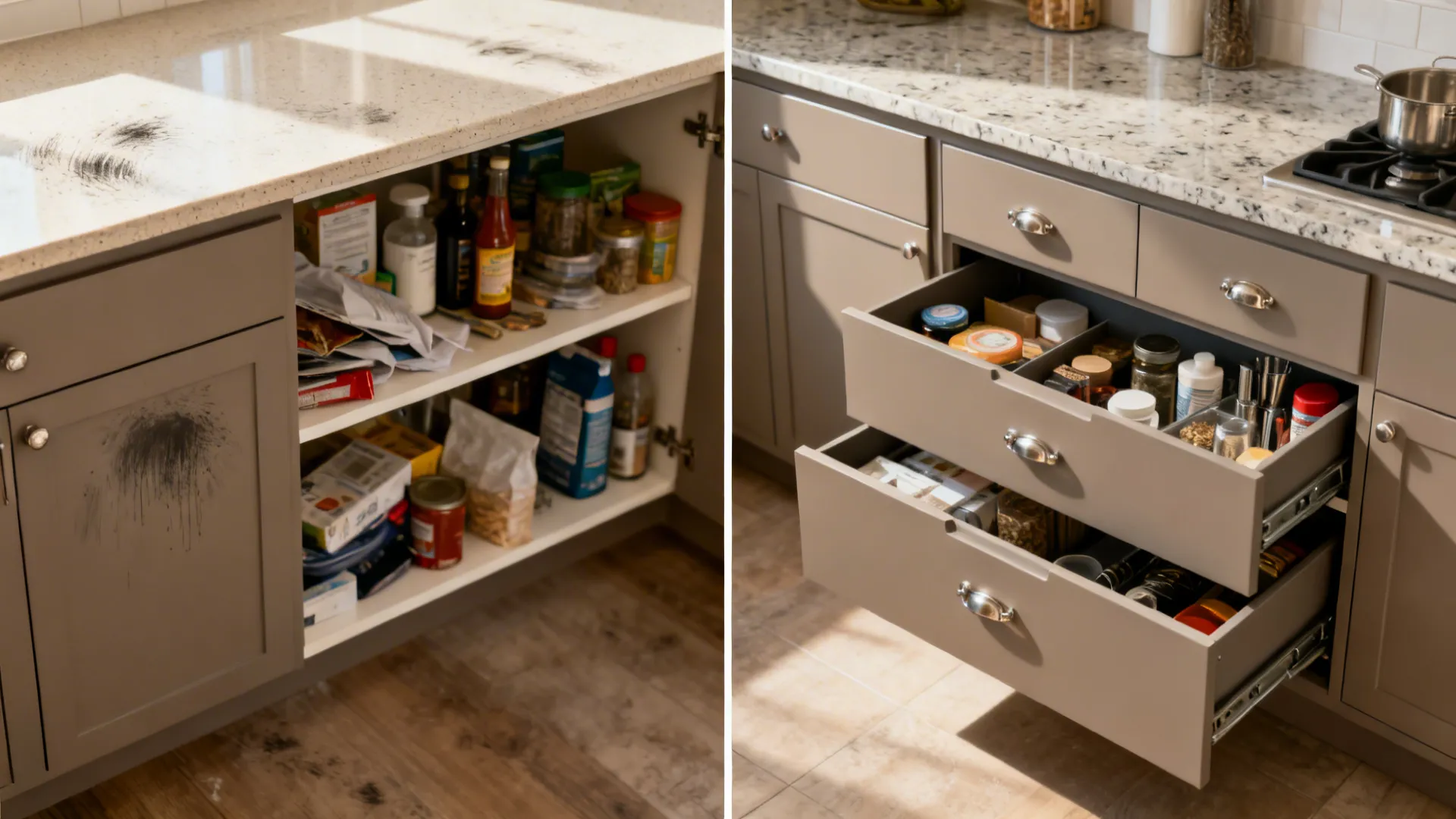Before-and-after comparison of a messy kitchen shelf versus organized pull-out drawers for food and spices