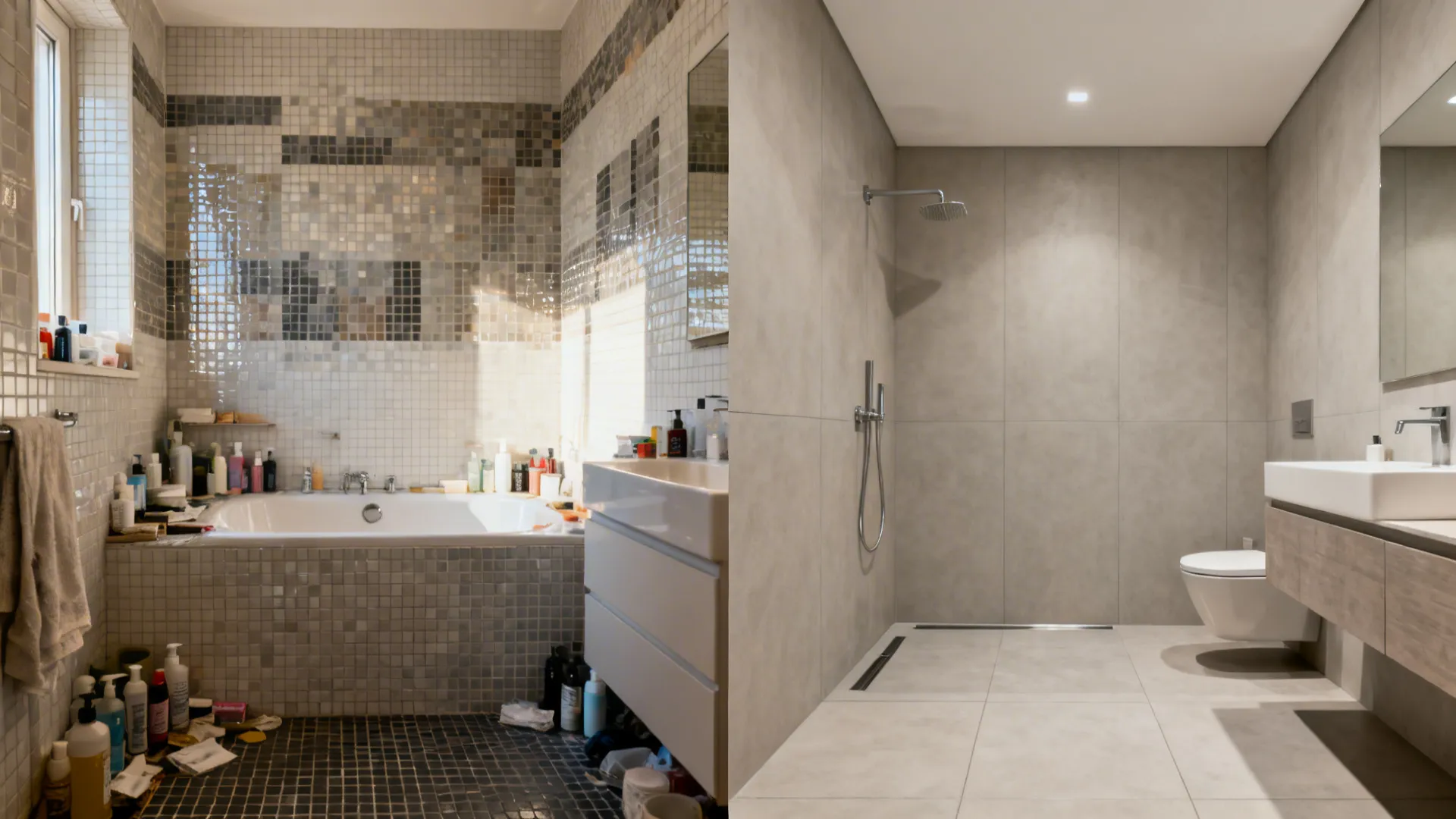 Split view showing a cluttered small bath before and a seamless matte porcelain remodel after.