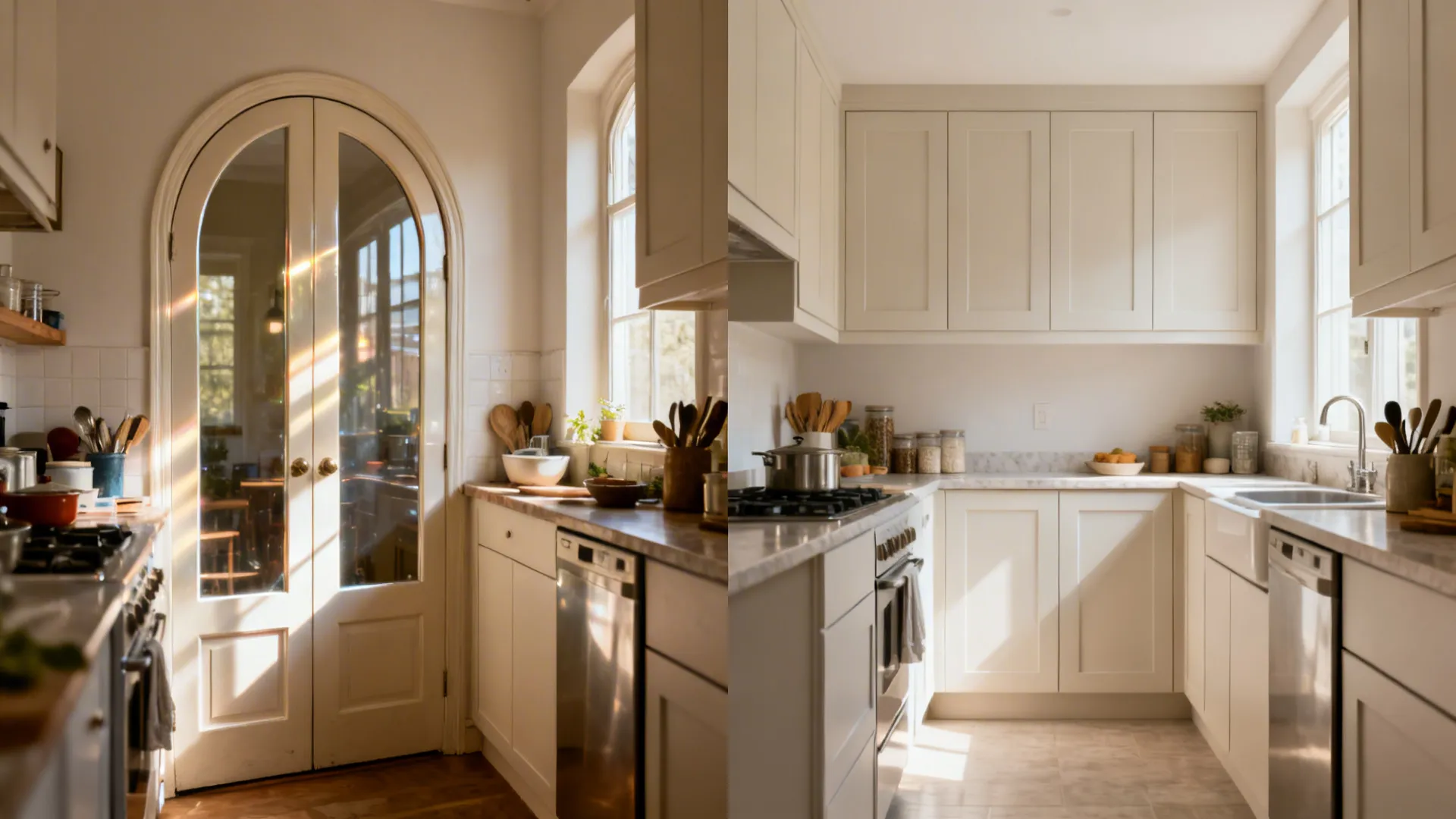 Before-and-after split showing old glossy arched doors replaced with ultra-matte slab doors in a small kitchen.