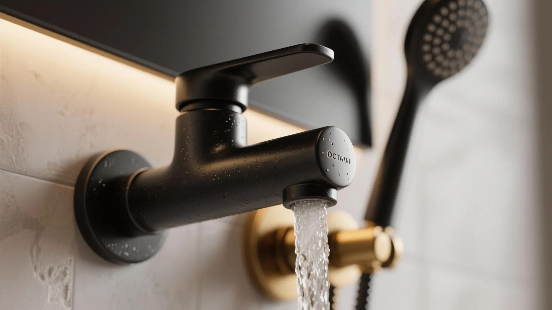 2. Matte black fixtures balanced with warm metals