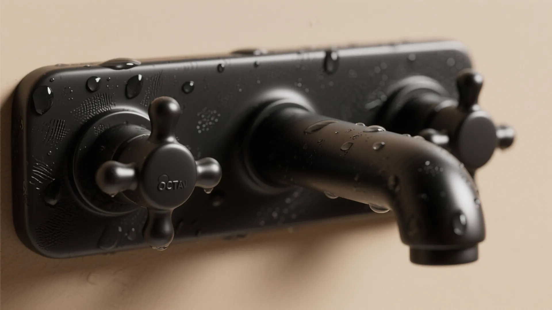 Matte black wall mounted water faucet with cross handles covered in droplets against beige wall