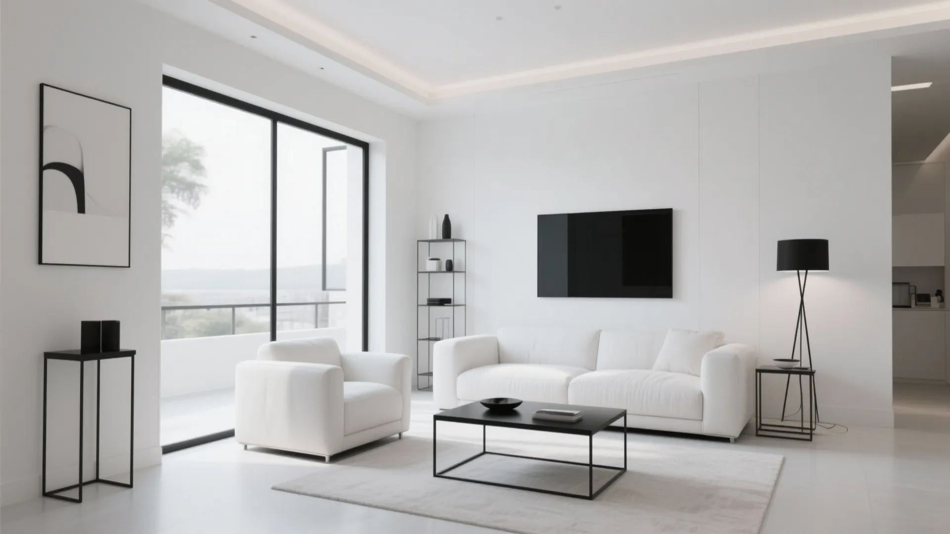 Modern living room featuring white sofa, armchair, black coffee table, floor lamp, and large window