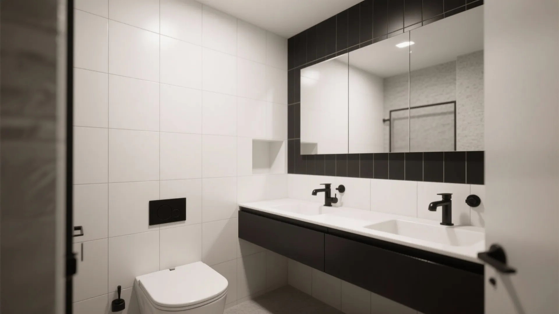 Modern bathroom with double white sinks black cabinet large mirror wall toilet and black faucets