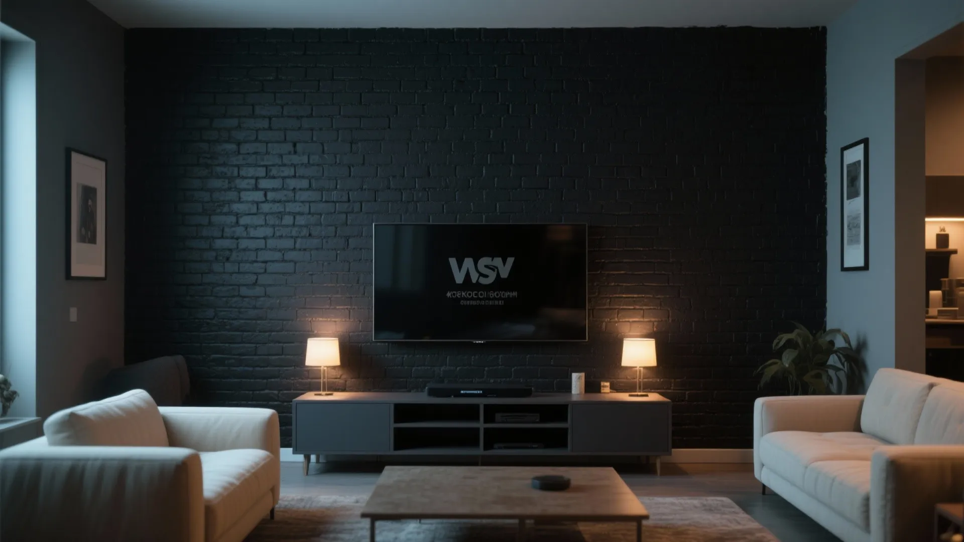 Modern living room featuring a black brick wall with television white sofas and warm lighting