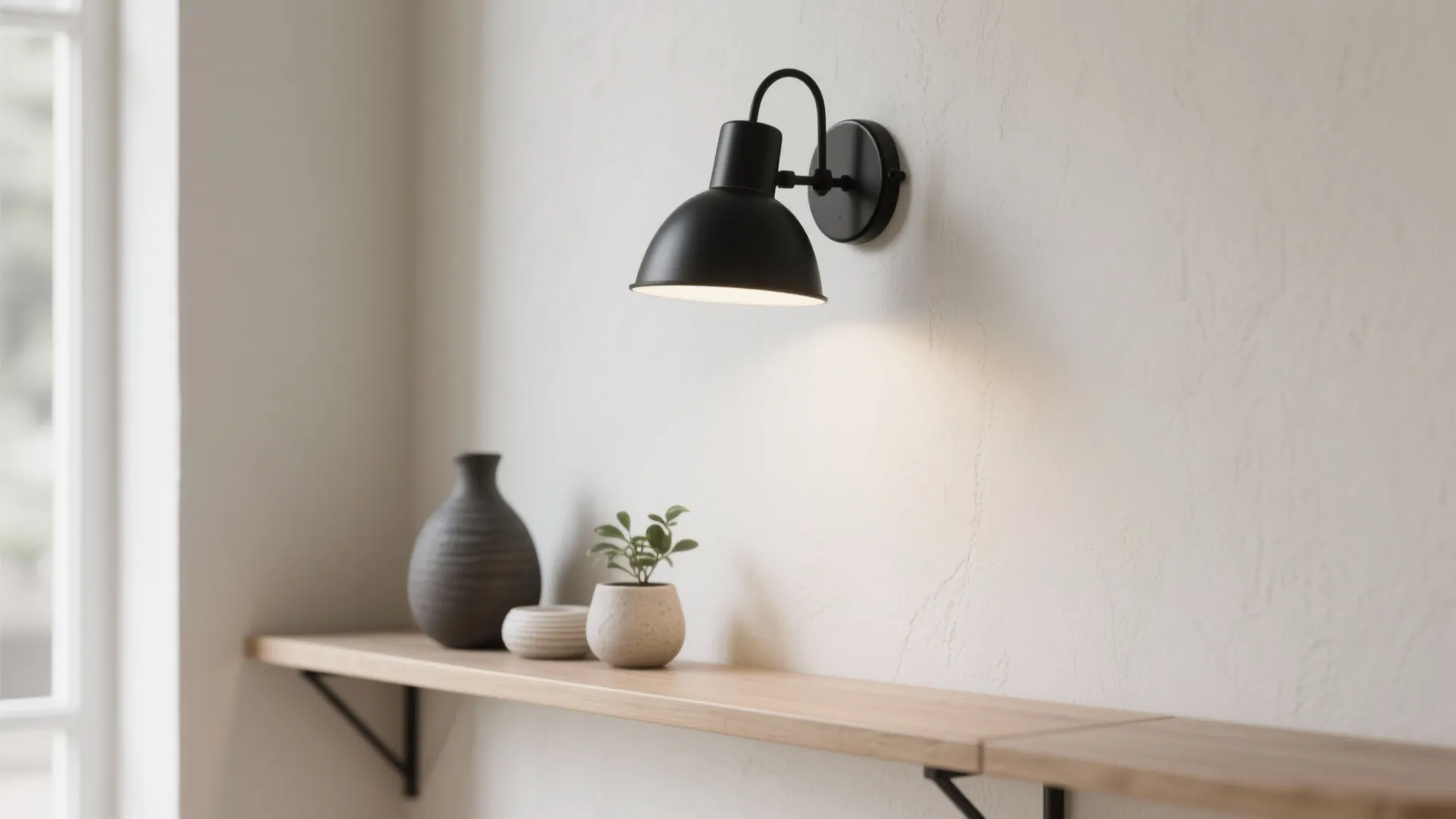 Matte black Nordic wall lamp creating sculptural contrast on a pale wall