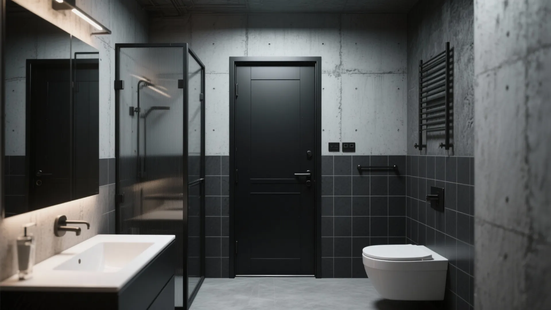 Modern bathroom with concrete walls black door glass shower white toilet and small vanity sink