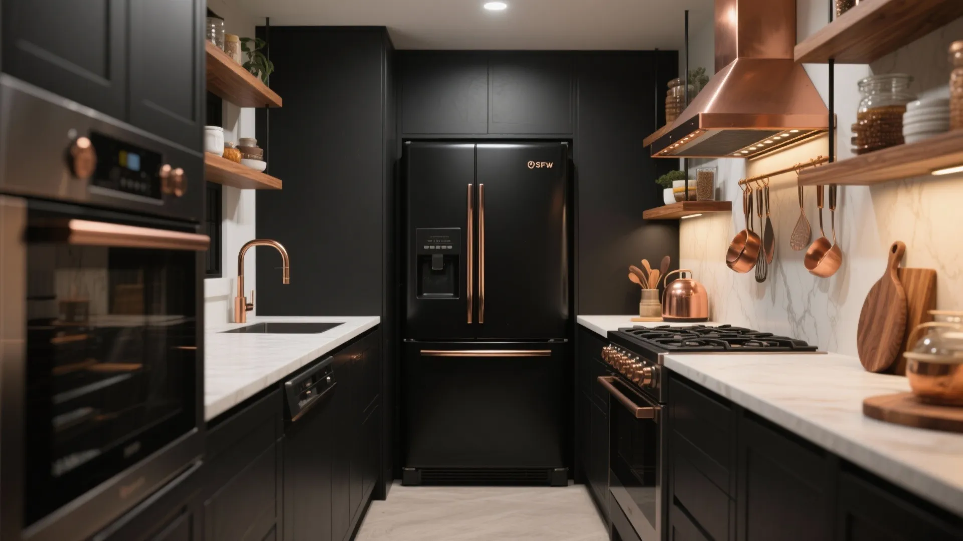 5. Mix matte black appliances and copper accents