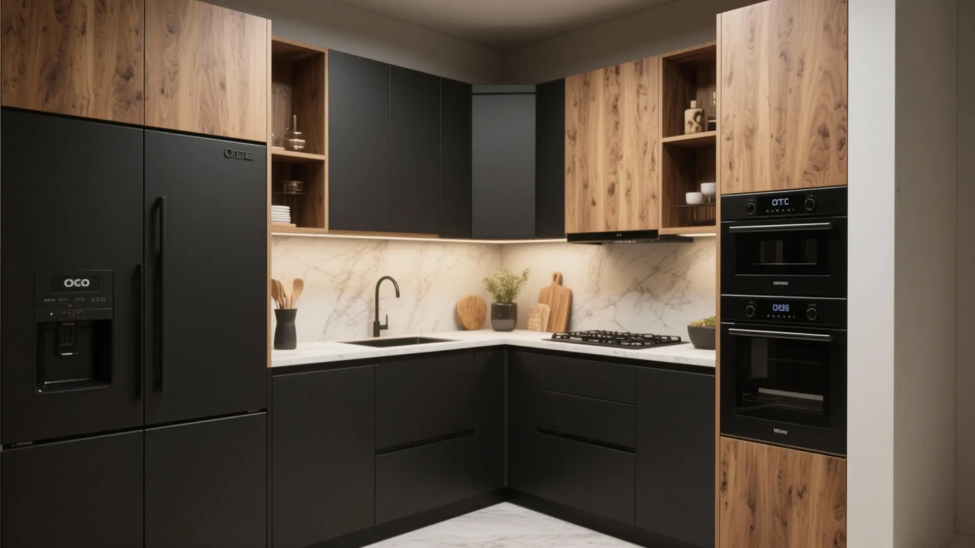 Modern kitchen with matte black cabinets, wooden upper storage, black refrigerator, and white marble backsplash