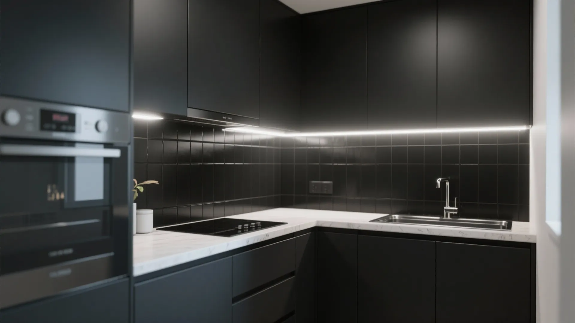 Modern kitchen with matte black cabinets, black square wall tiles, white marble countertop, and stove