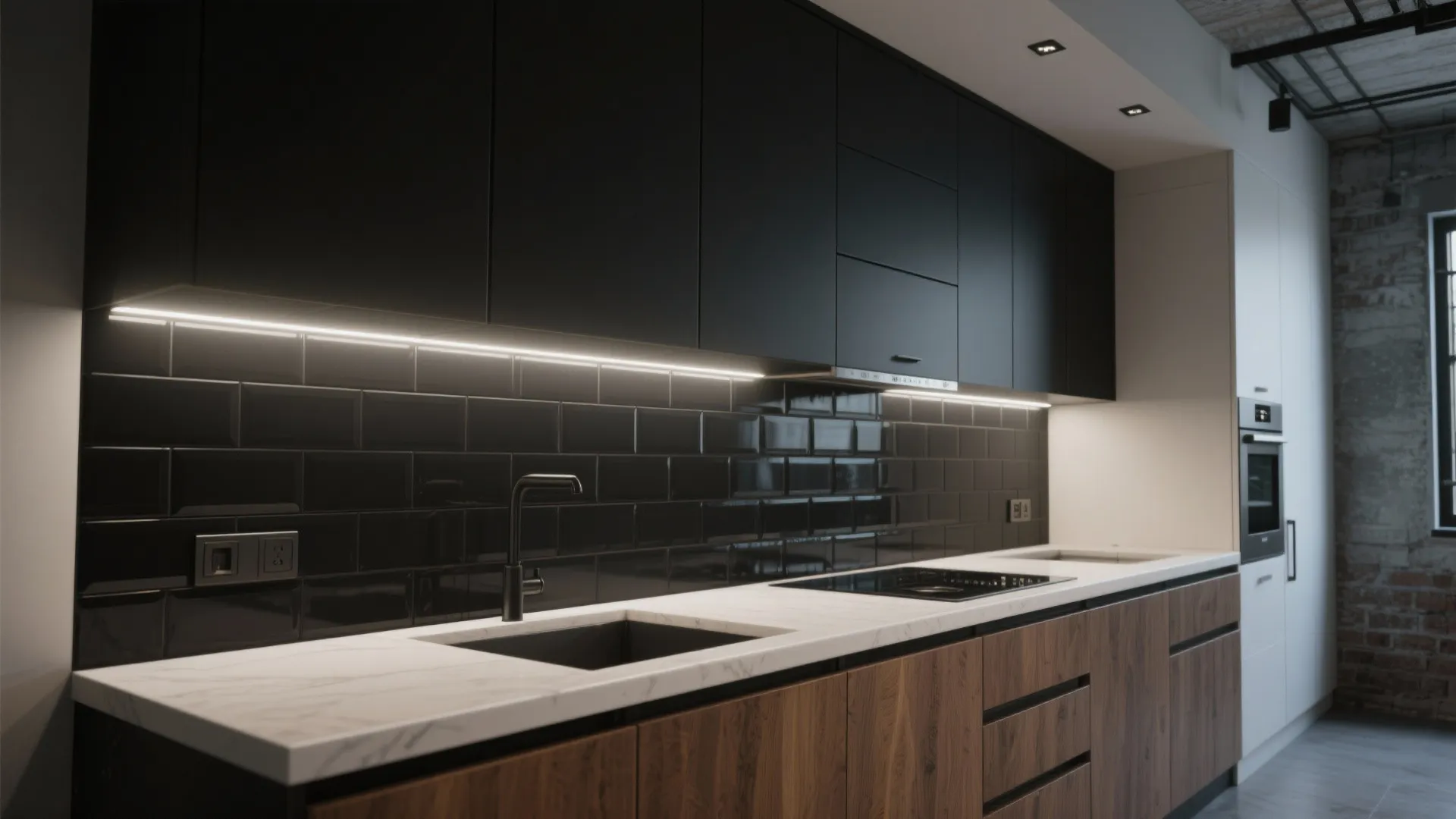 Loft kitchen with matte black tile backsplash blending into dark cabinetry and under-cabinet lighting.