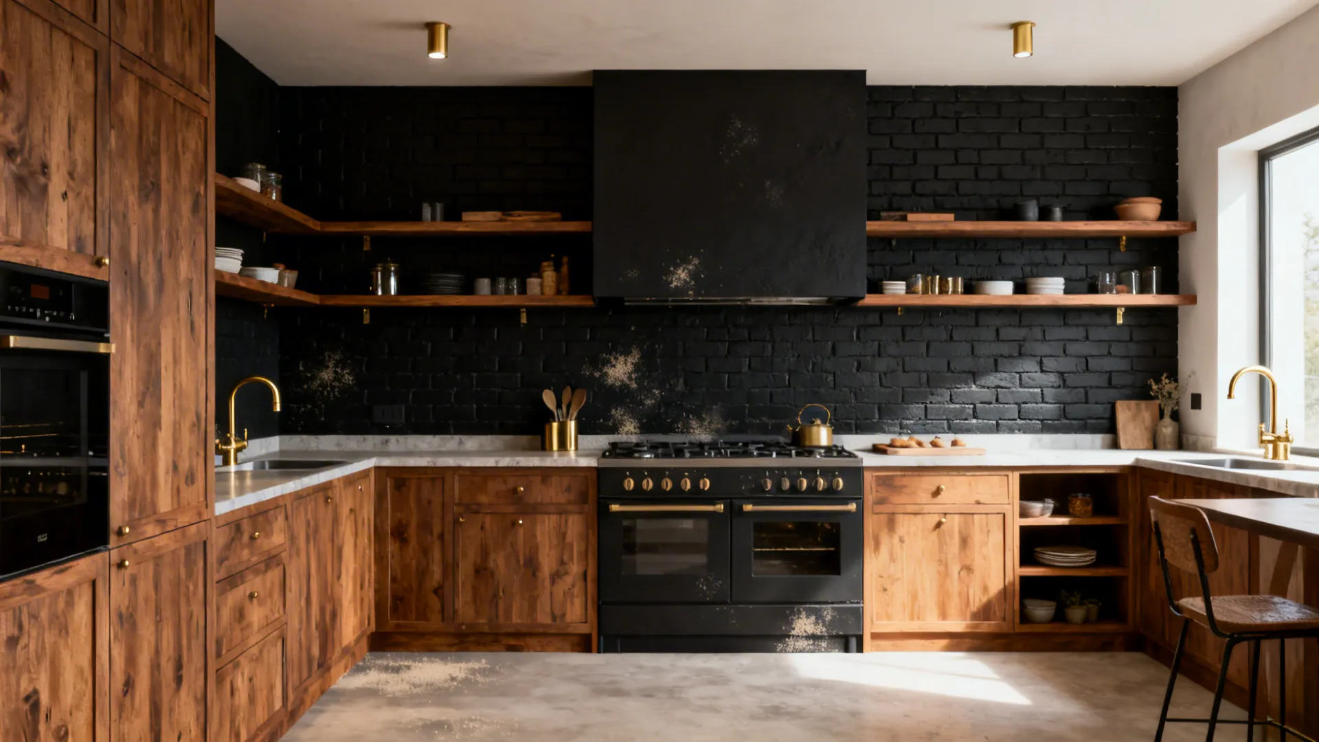 Rustic kitchen with wooden cabinets black brick wall floating shelves gold faucet and large black stove