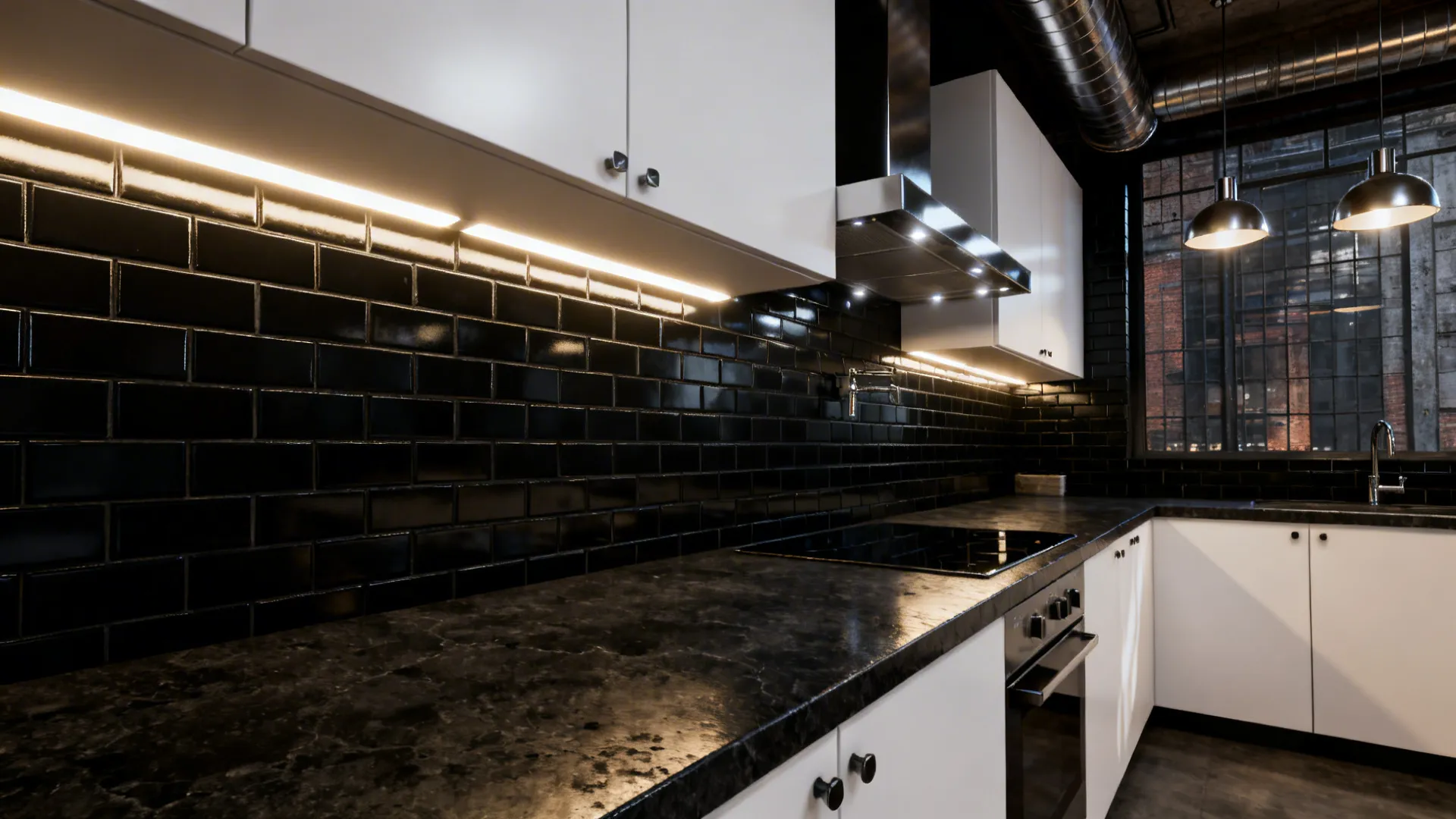 Urban loft kitchen with matte black backsplash, white cabinets, and dark countertops with layered lighting