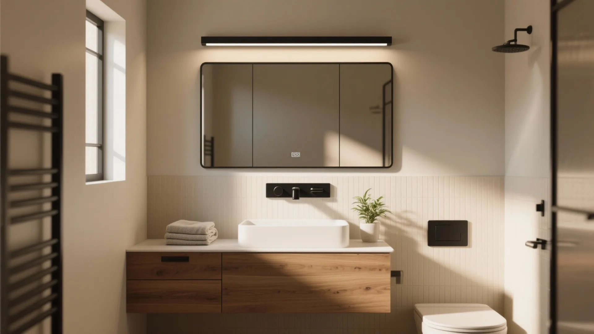 Modern bathroom vanity with wooden cabinet white sink large mirror and black light fixture above