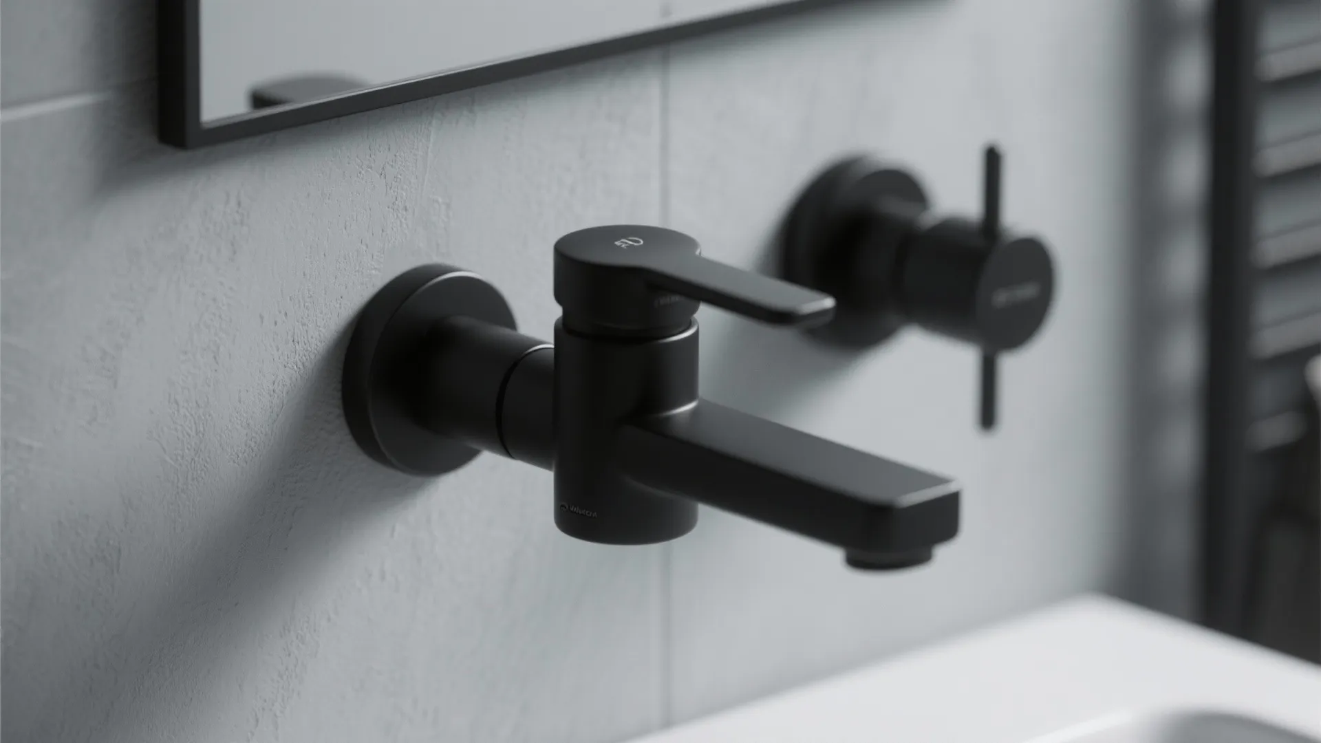 Modern matte black wall mounted faucet and handle on light grey wall in a bathroom