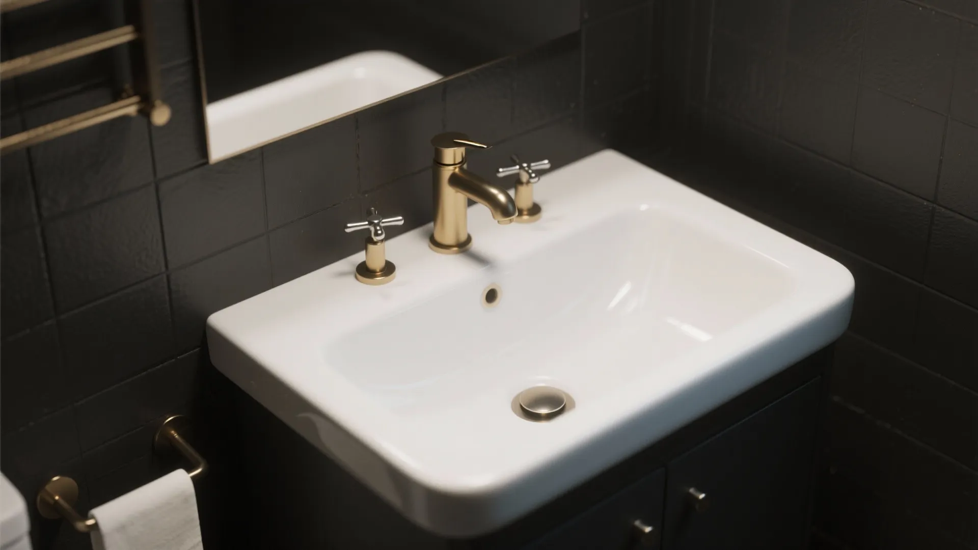 Modern white bathroom sink with gold faucet and black wall tiles in a luxury bathroom