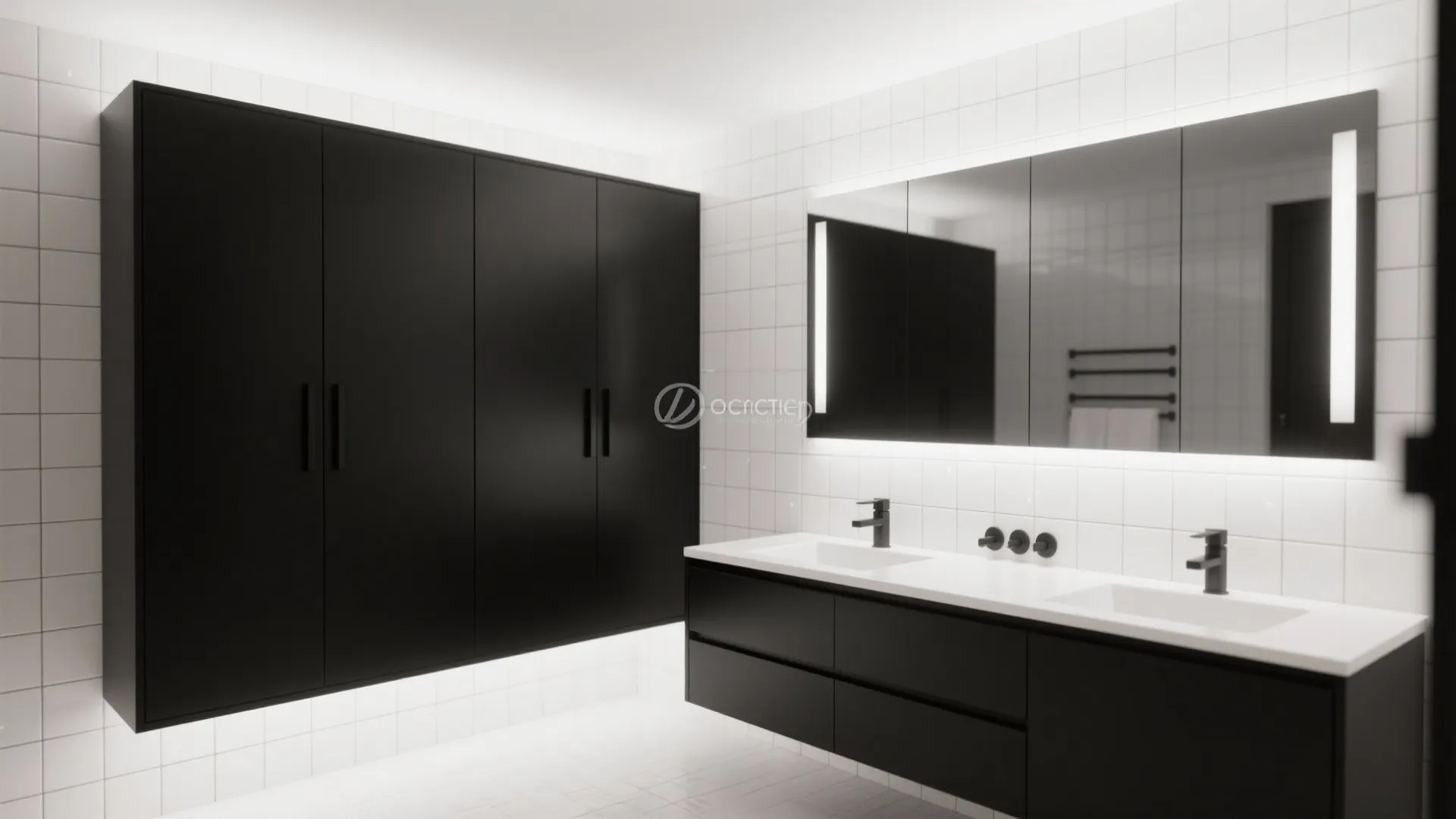 Matte black cabinets against white subway tiles