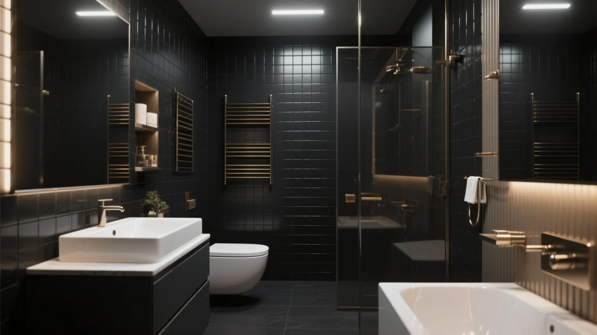 Modern bathroom with matte black tiles white sink white toilet gold tap and glass screen